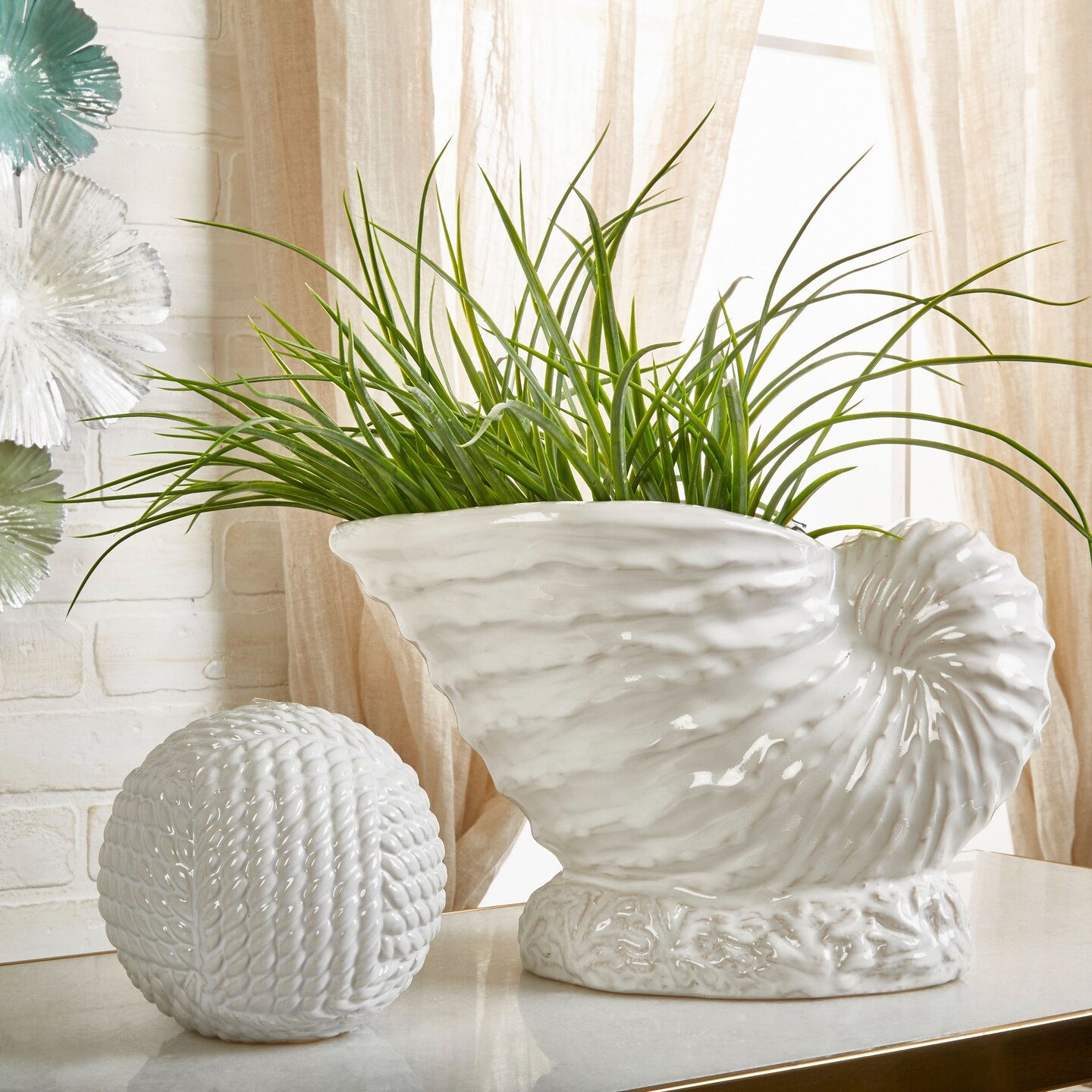 Kingston Living 14" White Ceramic Coastal Seashell Vase Decor