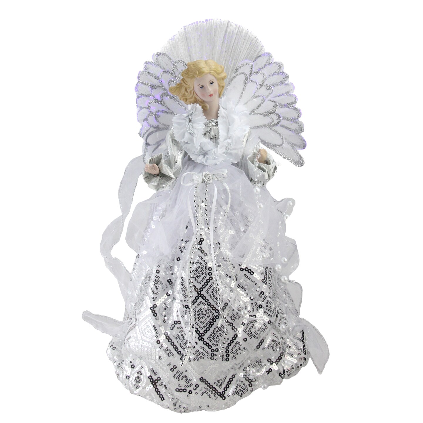 Northlight 16&#x22; White and Silver Lighted Angel Sequined Gown Christmas Tree Topper