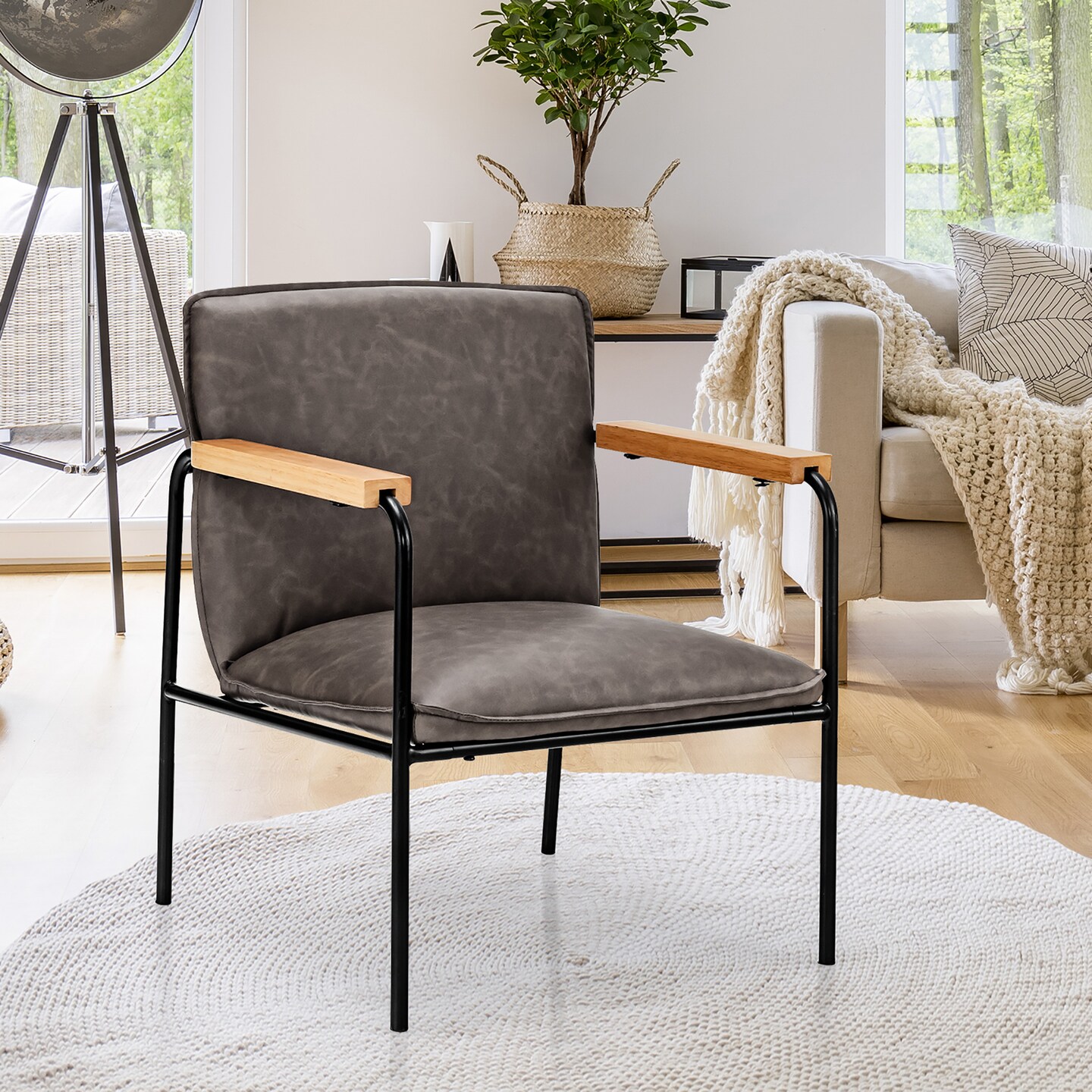 Costway Modern Accent Chair Arm Chair PU Leather W/Rubber Wood Armrest for Living Room