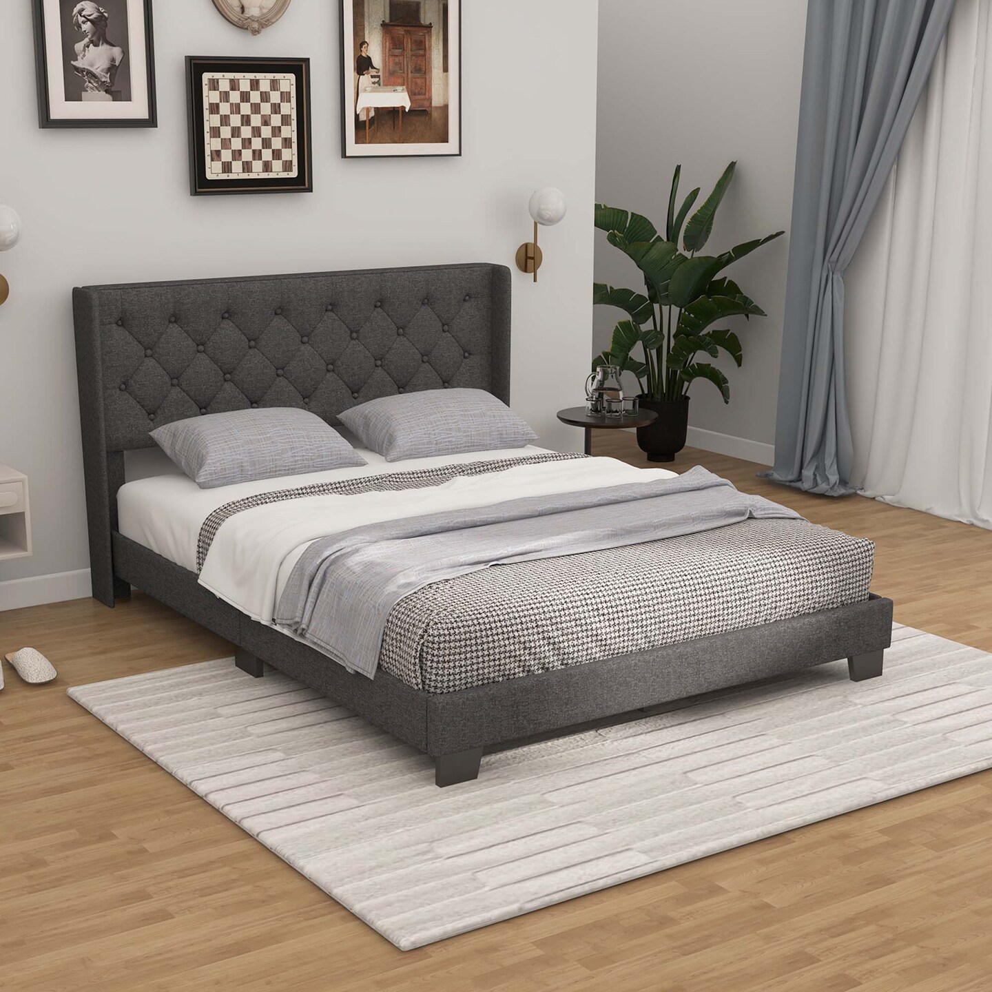 Costway Full/Queen/Twin Size Upholstered Platform Bed Tufted Headboard Mattress Foundation Grey