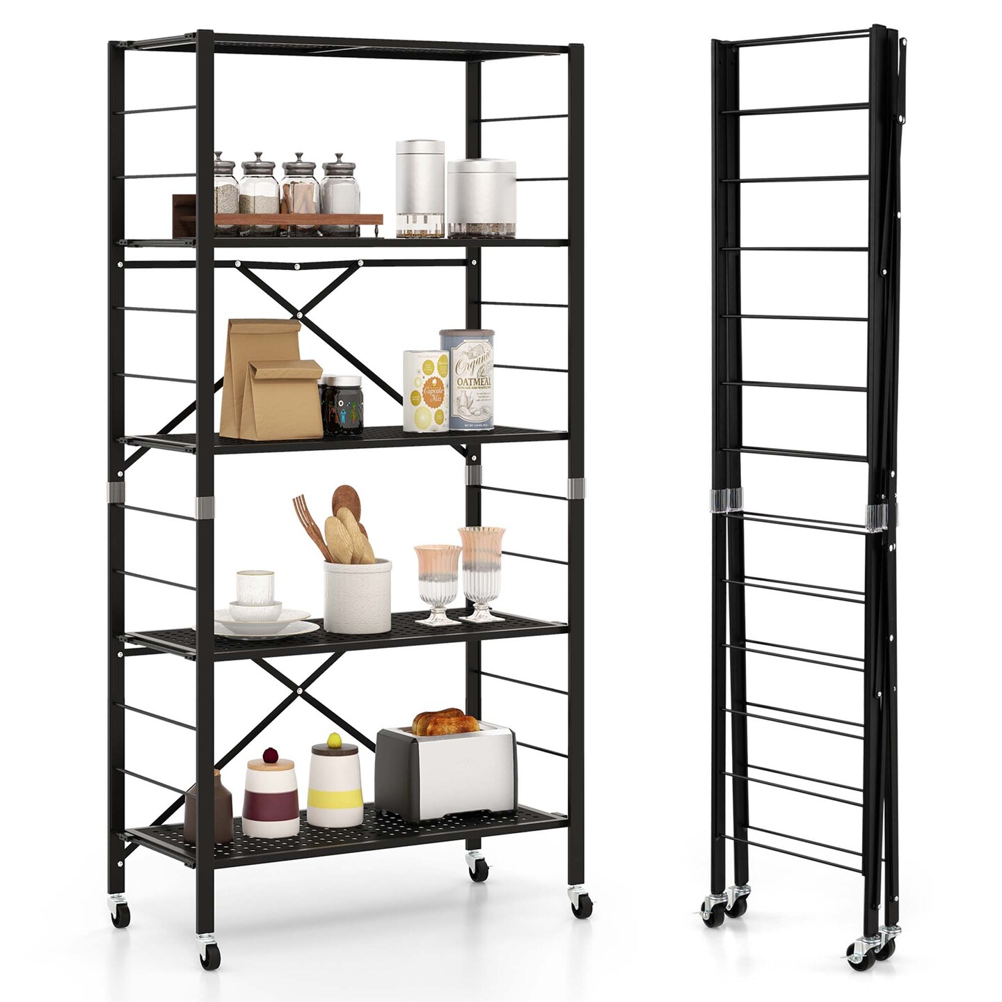 Costway 5-Tier Foldable Storage Shelves Adjustable Collapsible Organizer Rack with Wheels