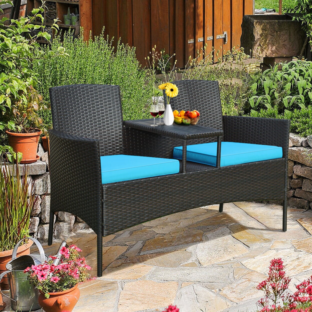 Gymax Rattan Wicker Patio Conversation Set W/ Loveseat Table Turquoise Cushion