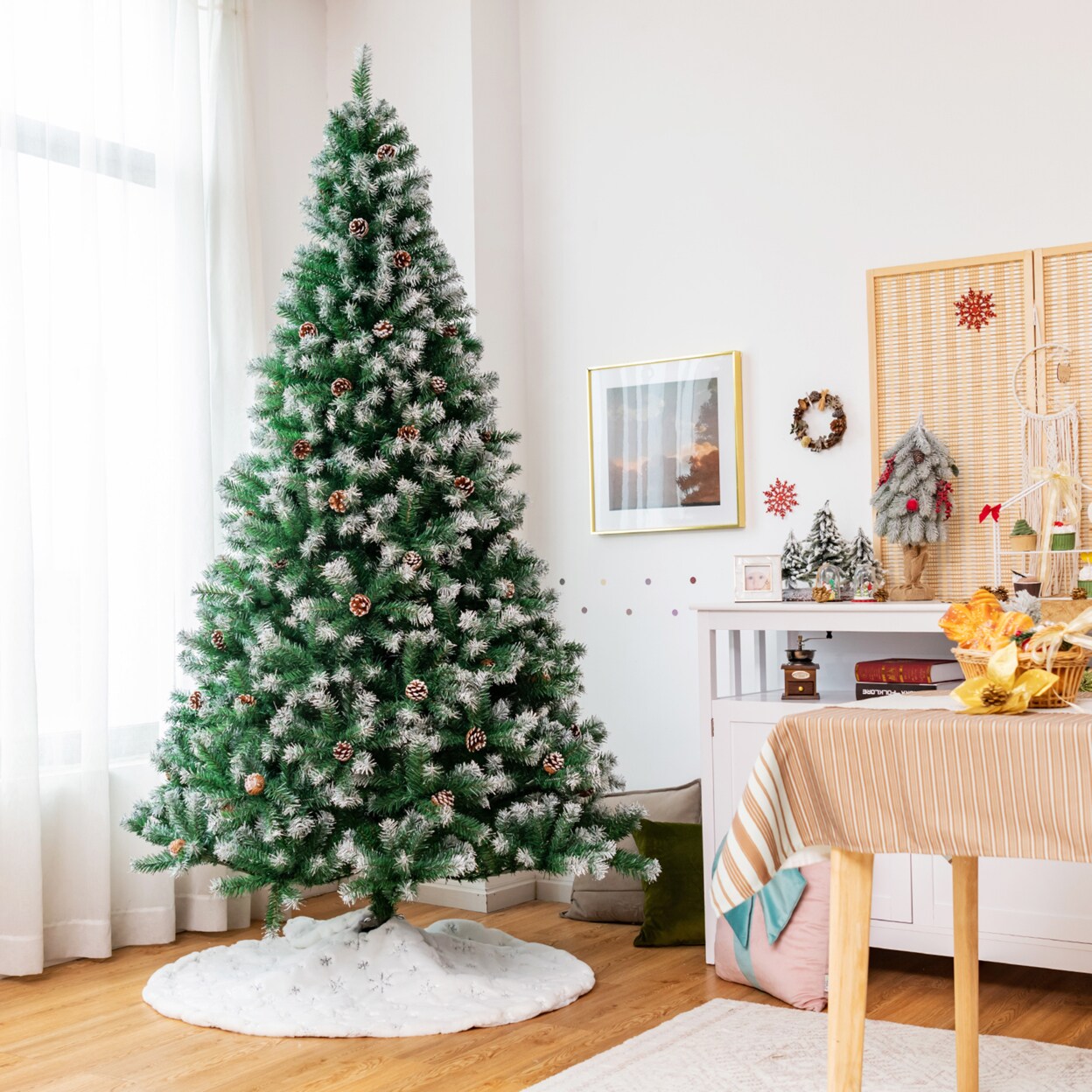 Gymax 6/7.5/9 FT Artificial Snow Flocked Christmas Tree Hinged Xmas Tree w/ Pine Cones