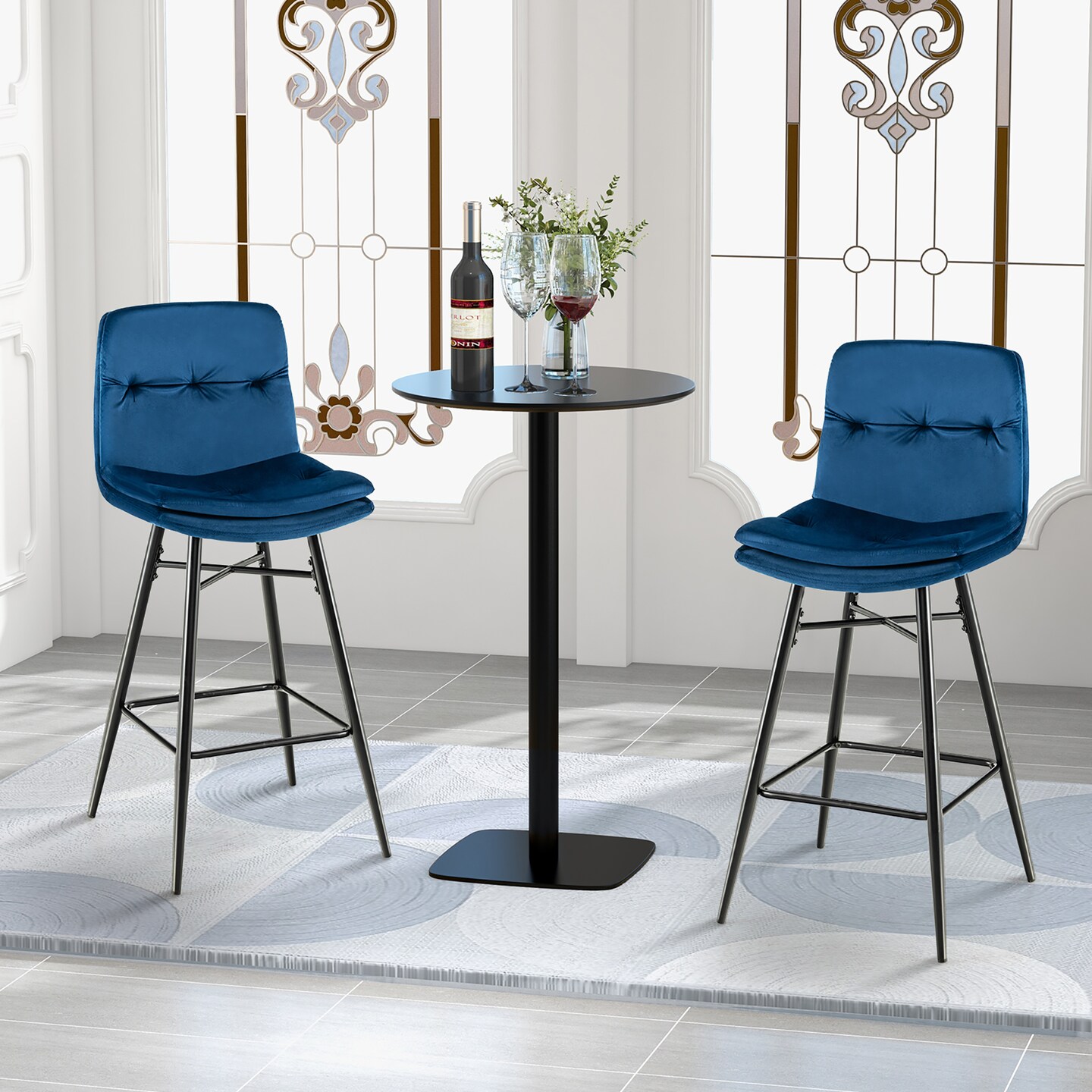 Costway Set of 2 Velvet Bar Stools Bar Height Kitchen Dining Chairs with Metal Legs Blue/Grey