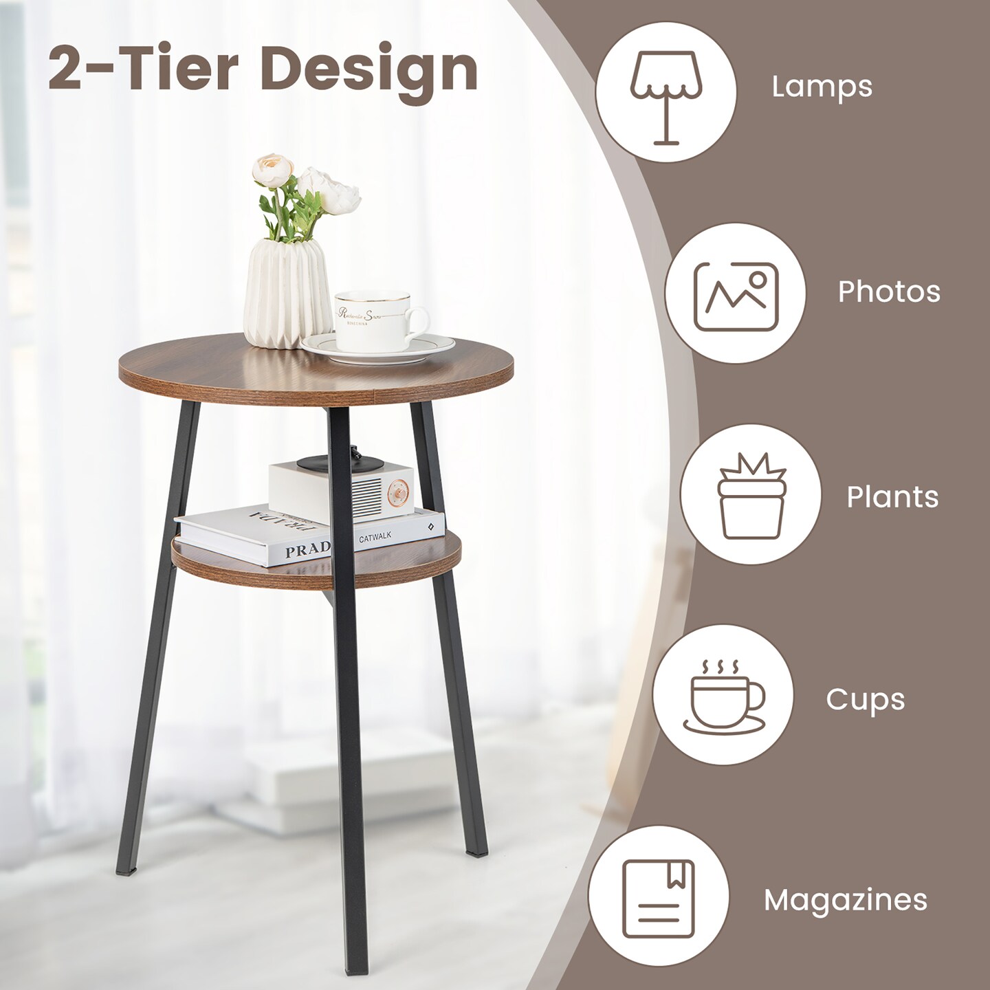 Costway 2PCS 2-Tier Bedside End Table Round Nightstand for Bedroom Living Room Brown/Walnut