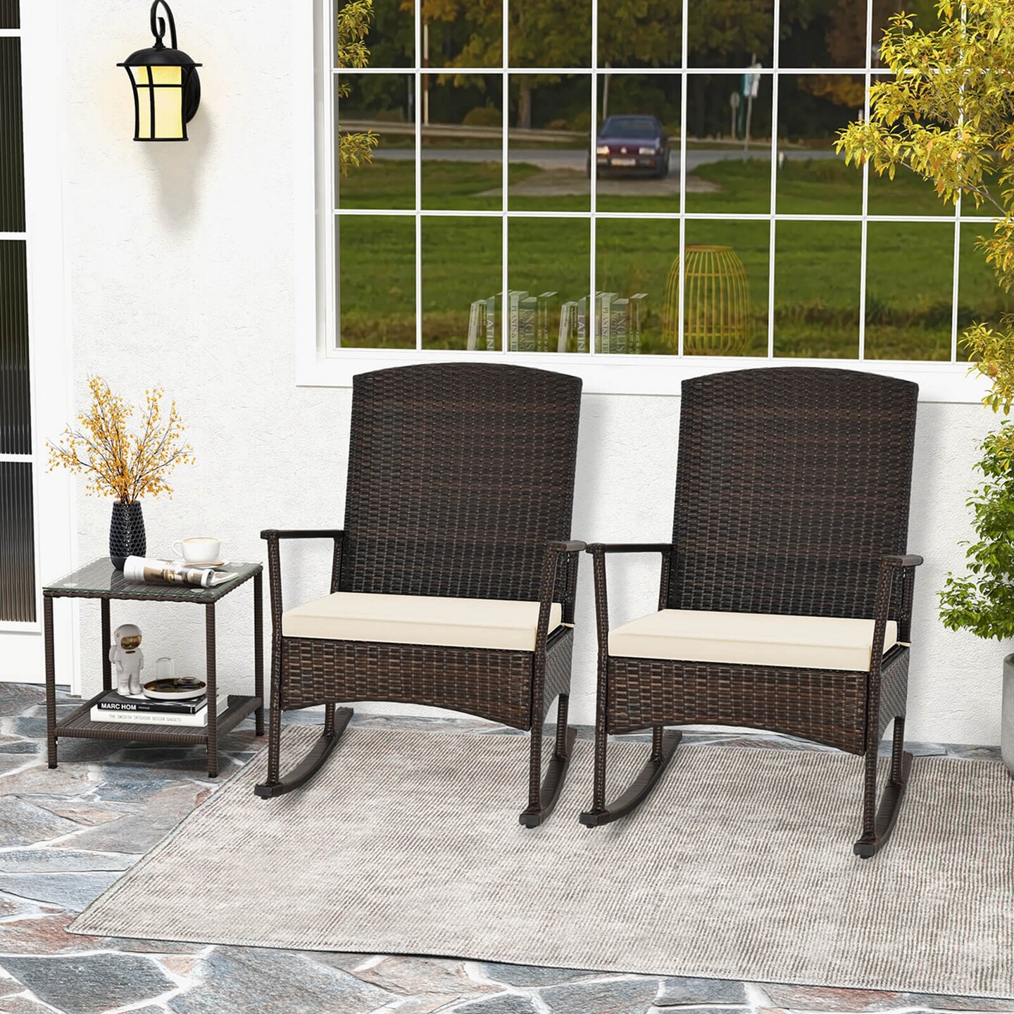 Costway 3 Piece Patio Rocking Set Wicker Rocking Chairs with 2-Tier Coffee Table Turquoise/Off White