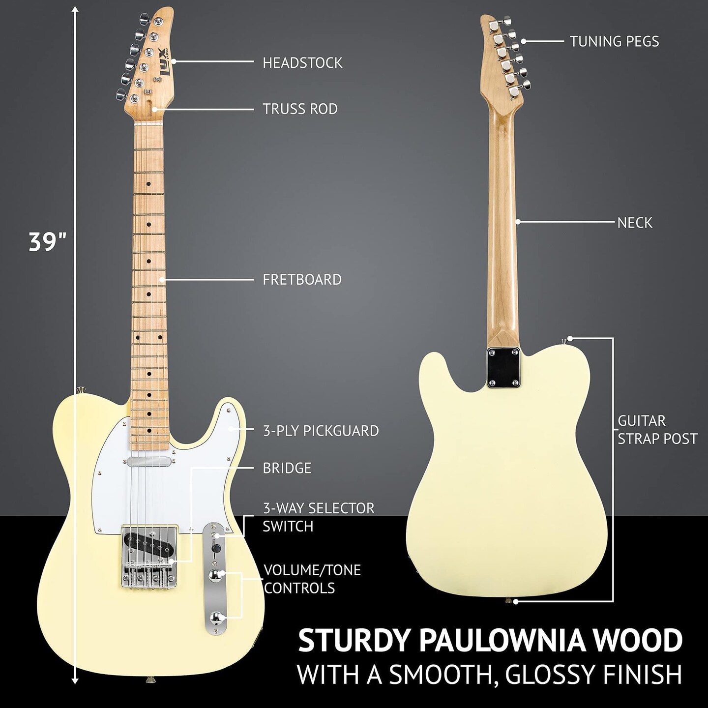 LyxPro 39&#x22; Telecaster Solid Body Beginner Electric Guitar