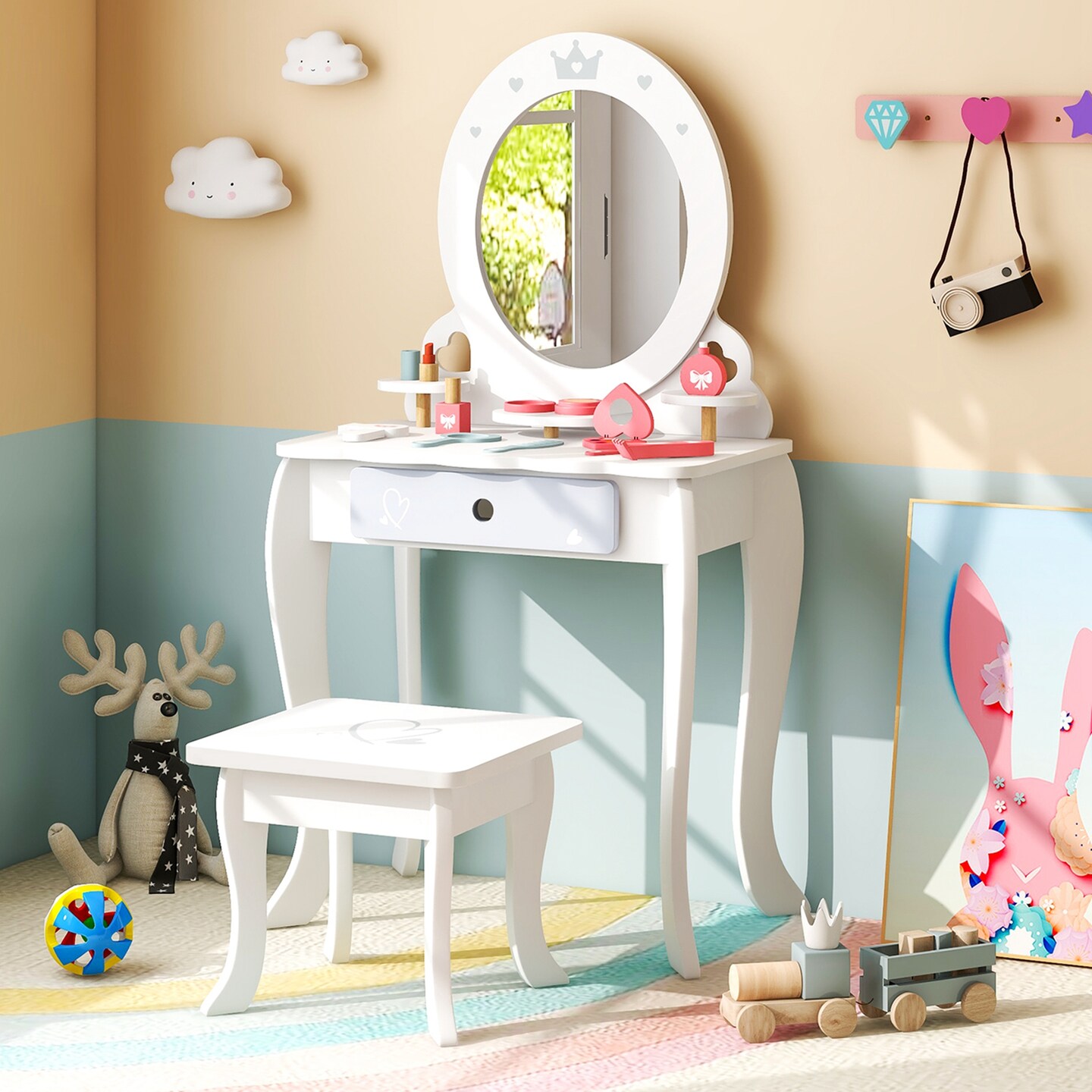 Costway Kids Vanity Set Makeup Table &#x26; Chair Sweet Accessories Included Storage Drawer