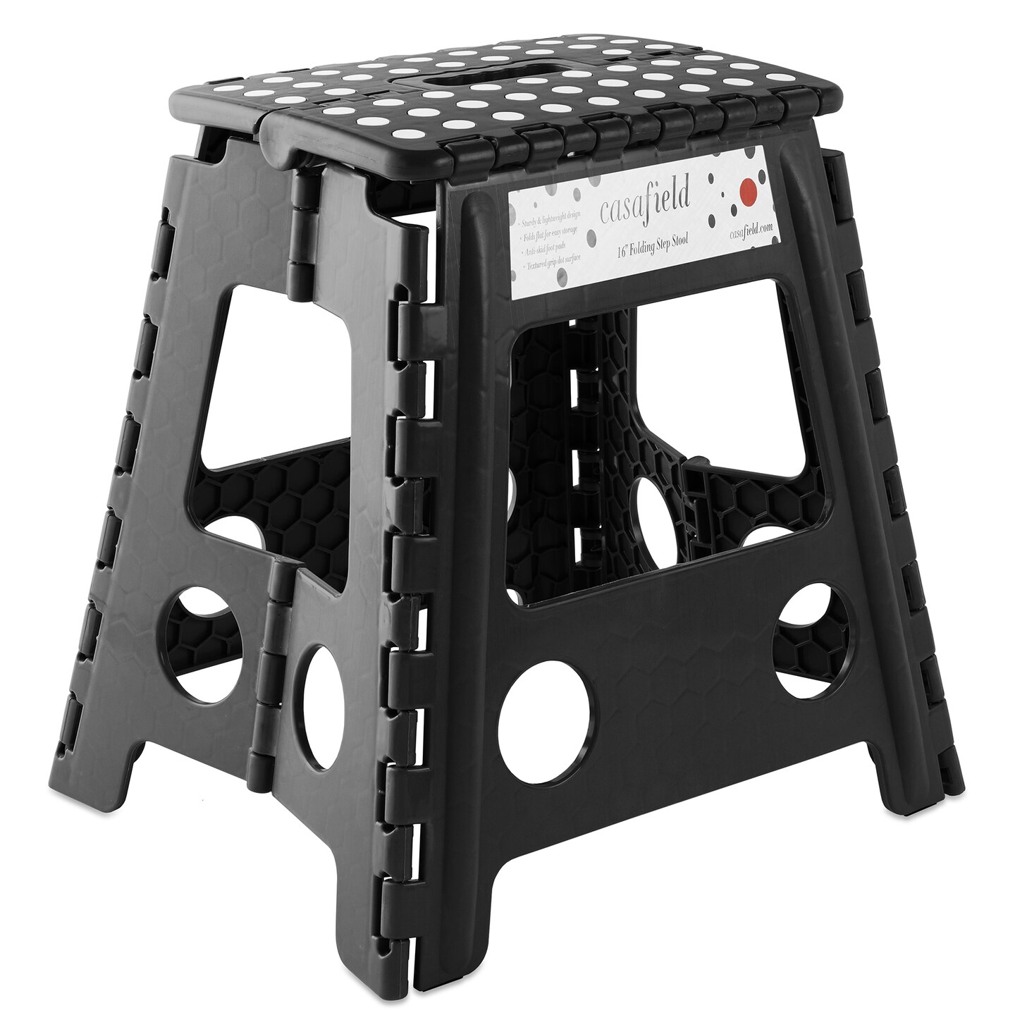 Casafield 16&#x22; Folding Step Stool with Handle, Black - Portable Collapsible Small Plastic Foot Stool for Adults - Use in the Kitchen, Bathroom and Bedroom