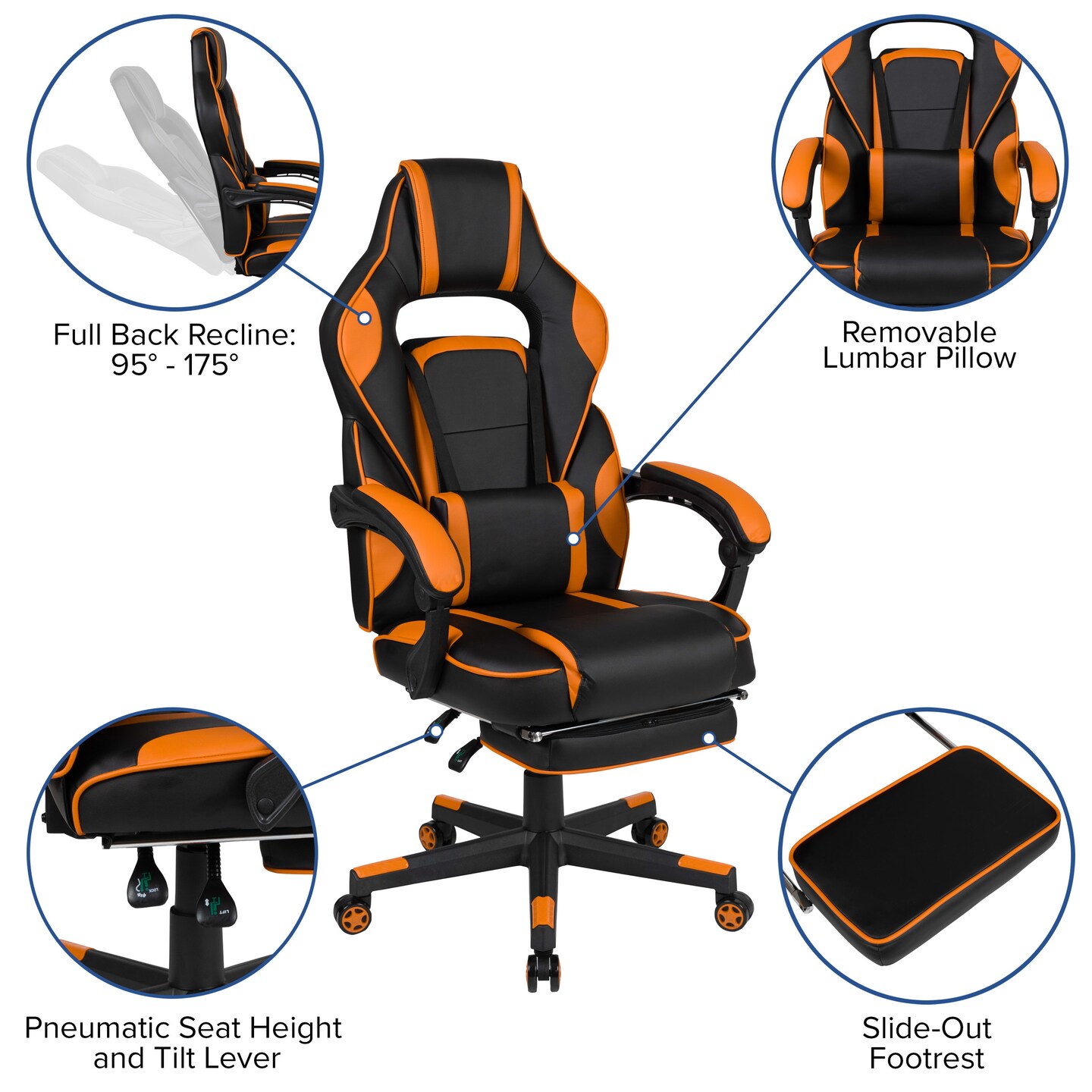 Emma and Oliver Ergonomic Gaming Chair -Recline Back/Arms, Footrest, Massaging Lumbar