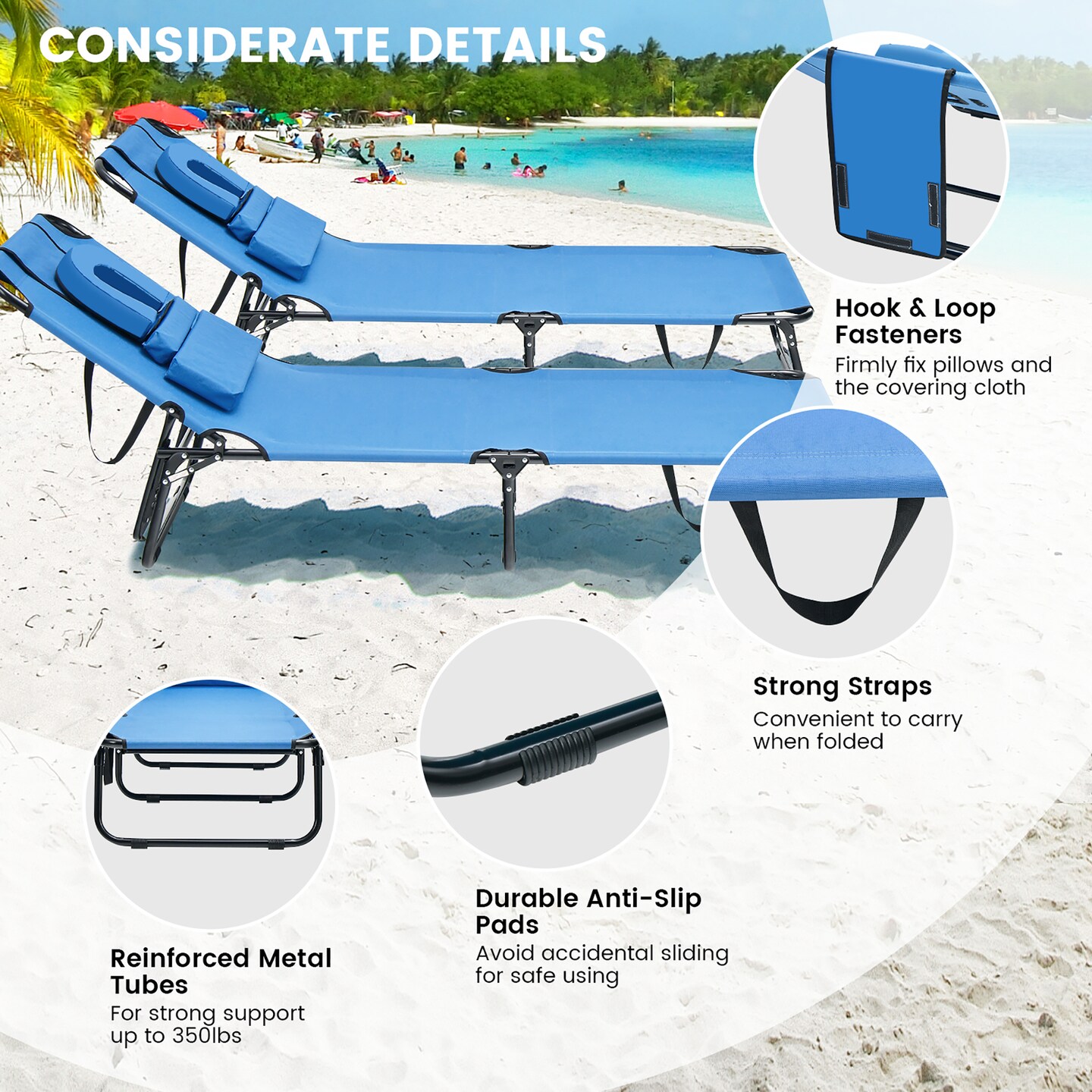 Costway 5-Position Adjustable Backrest  Beach Chaise Lounge Chair with Face Hole Pillows