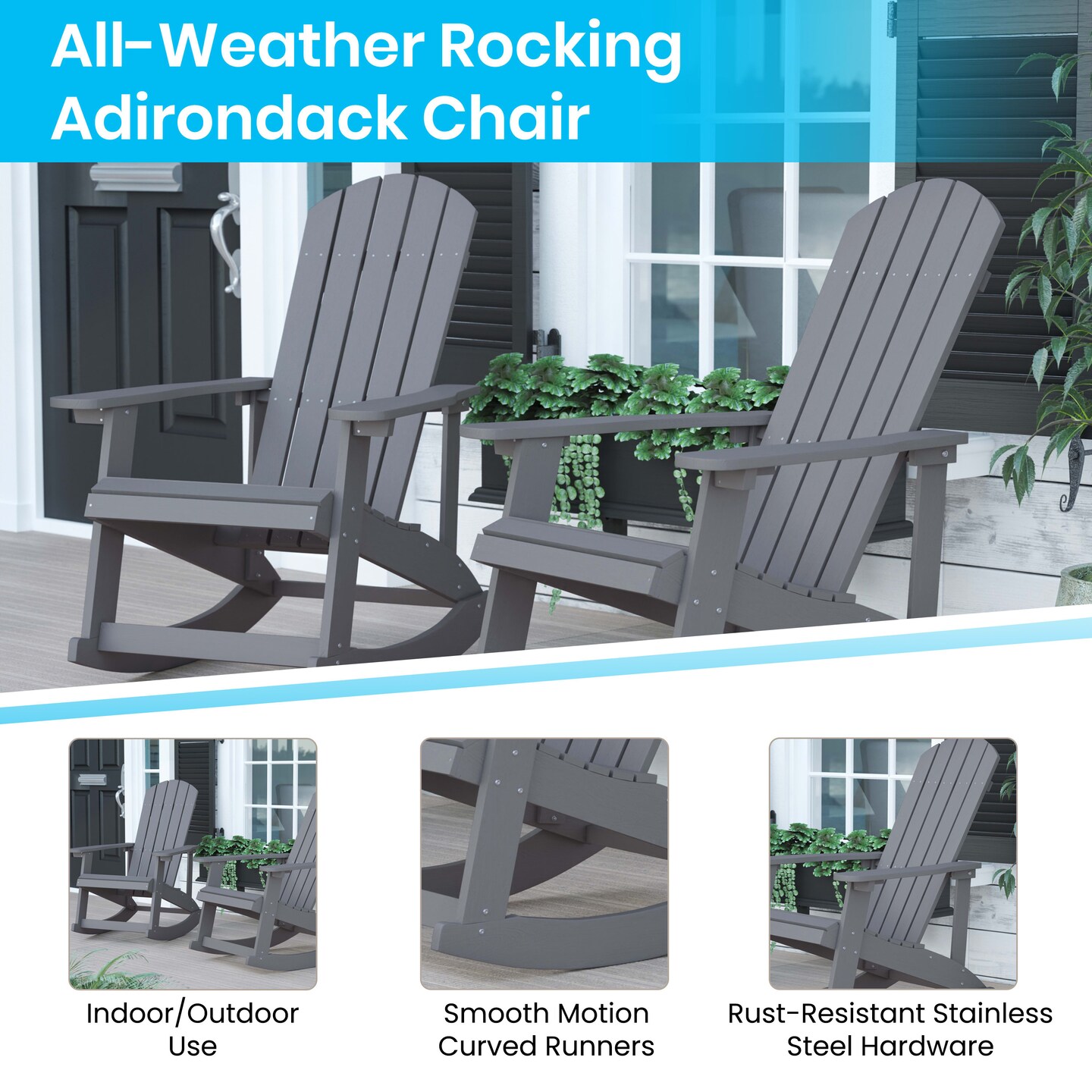 Merrick Lane Atlantic All-Weather Polyresin Adirondack Rocking Chair with Vertical Slats and Weather Resistant Cushions