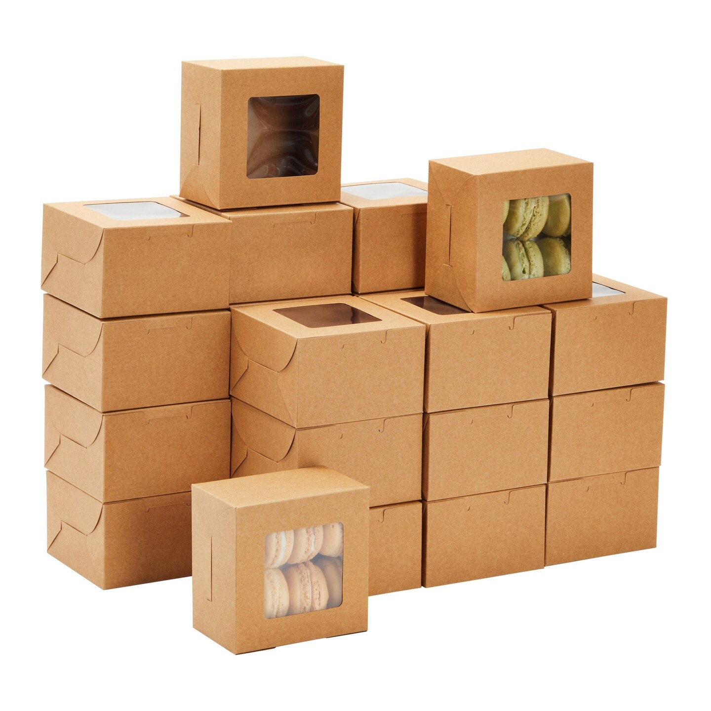 50 Pack 4x4x2 Mini Dessert Boxes with Window for Bakery - Baked Goods Packaging Containers for Cupcakes, Cookies, Pastry (Kraft Paper)