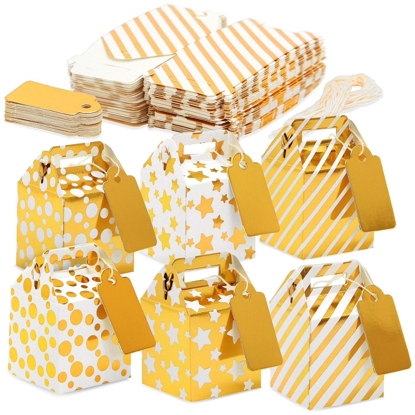 36-Pack Mini Gold Gift Boxes - Tiny 2x2x2 Favor Boxes for Wedding, Birthday, Treats, with Tags and String (3 Patterns)