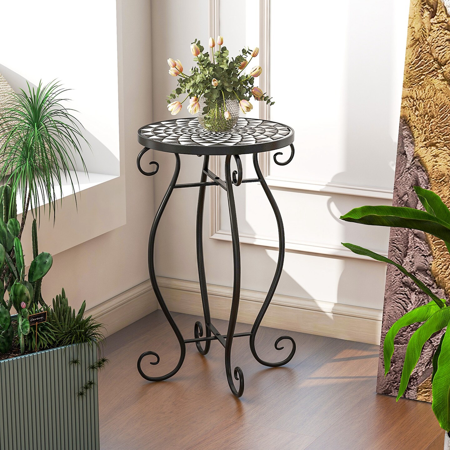Costway Mosaic Outdoor Side Table, Round End Table with Weather Resistant Ceramic Tile Tabletop