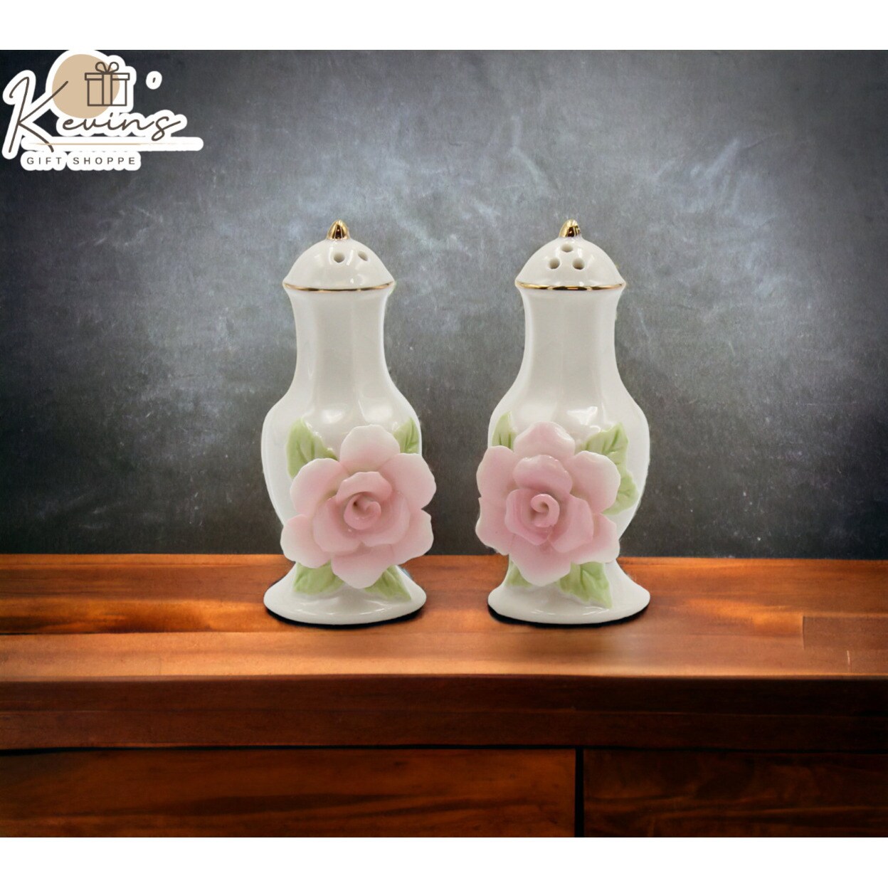 kevinsgiftshoppe Ceramic Pink Rose Jar With Gold Trim Salt And Pepper Shakers Home Decor   Kitchen Decor