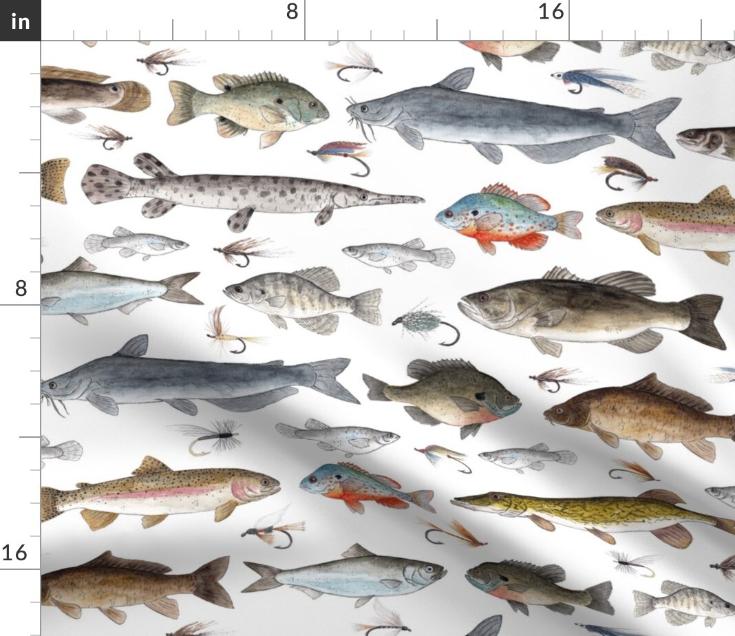 Fish Fishing Salmon Cabin Trout Fisherman Lures Sunfish Tackle Stream Muskie Sturgeon Custom Printed Fabric by Spoonflower Various Fabrics by the Yard or Fat Quarter 14884713