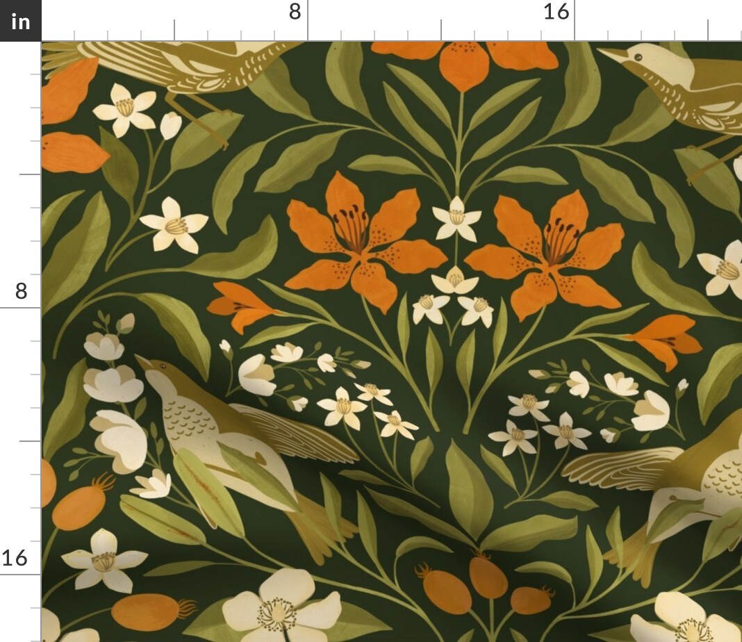 Jumbo Floral Green Leaves Orange Lily Flowers Birds Custom Printed Fabric by Spoonflower Various Fabrics by the Yard or Fat Quarter
