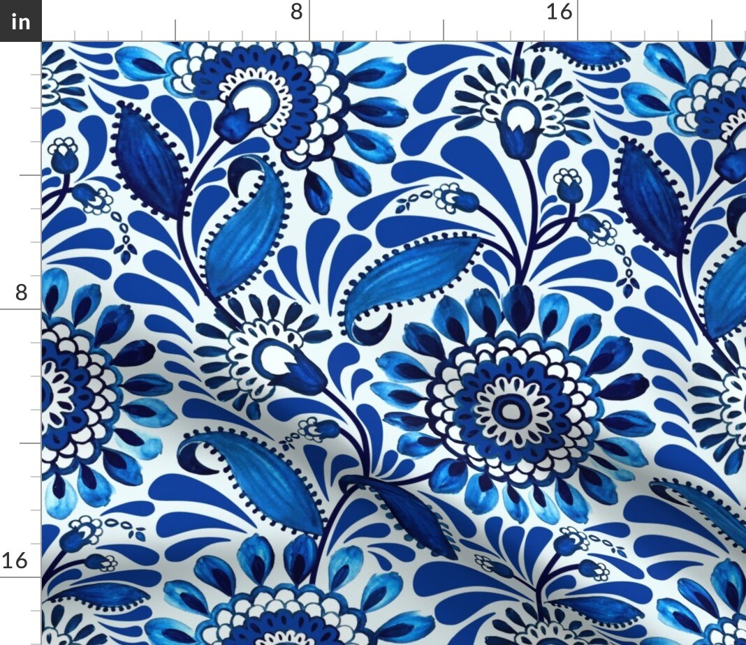 Blue And White Fantasy Floral Maximalist Large Scale Indigo Custom Printed Fabric by Spoonflower Various Fabrics by the Yard or Fat Quarter