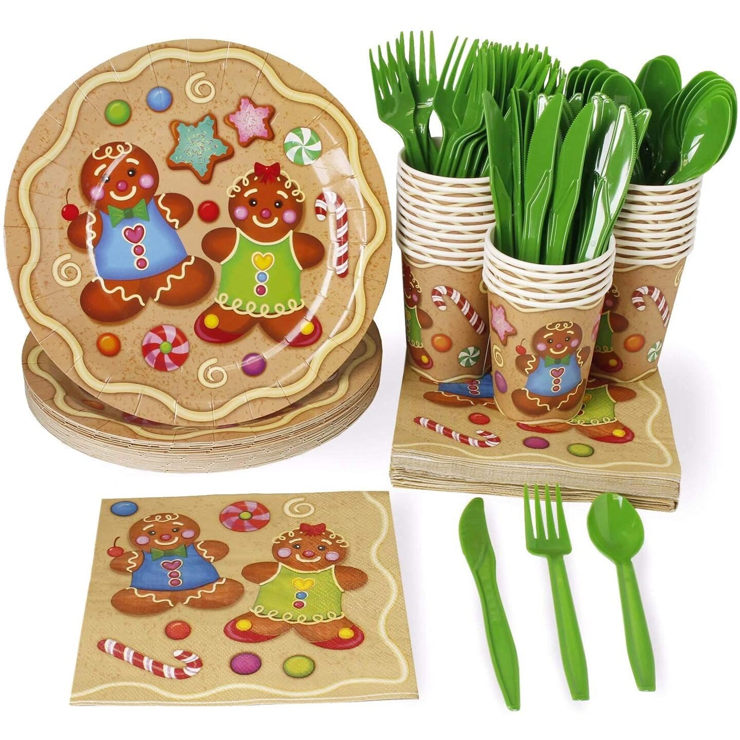 144 Piece Gingerbread Paper Plates Napkins Cups Cutlery for