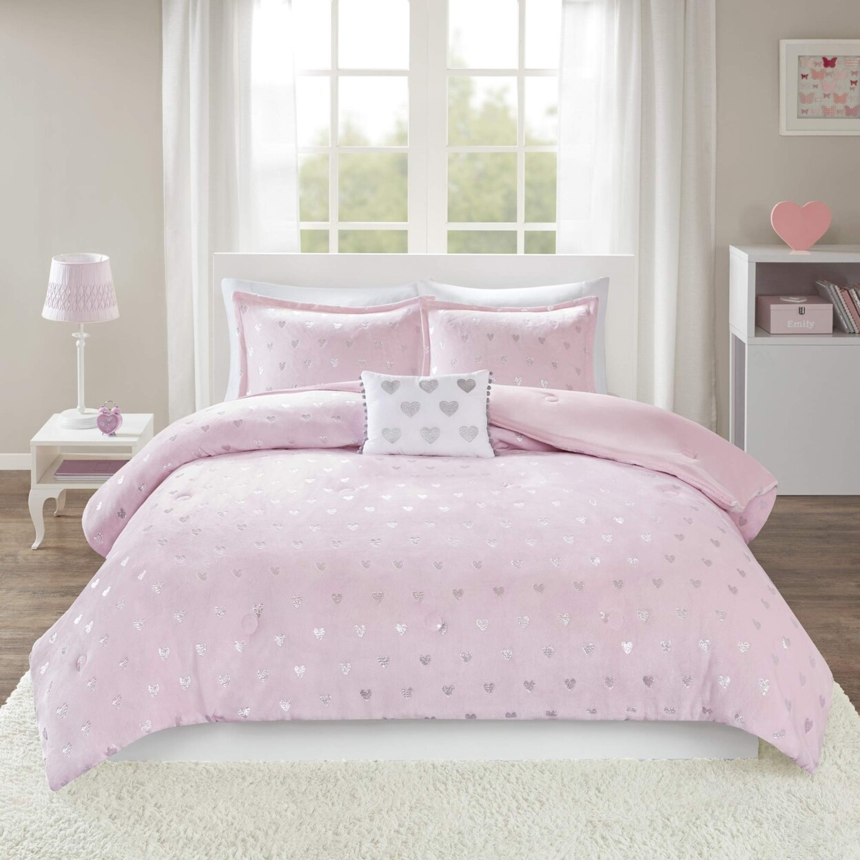 Mi-Zone   Rosalie Metallic Printed Plush Comforter Set Pink/Silver Full/Queen
