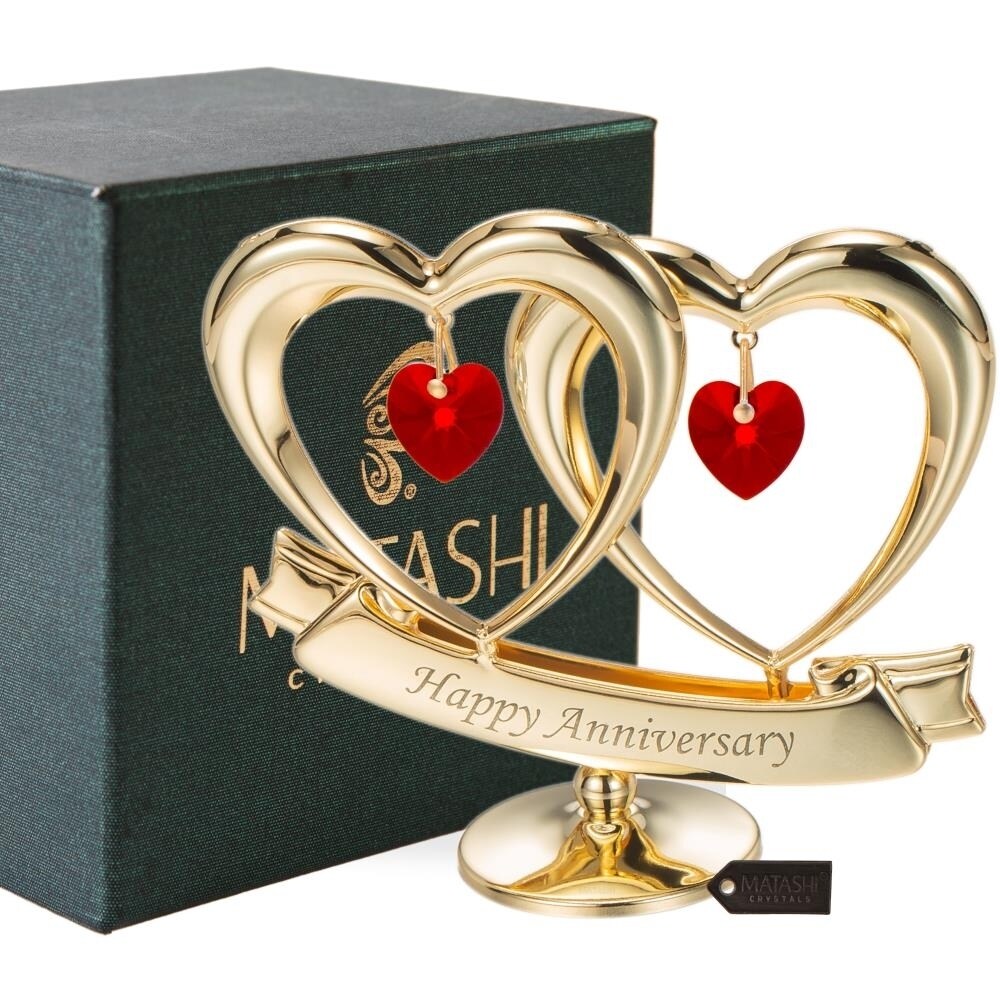 Matashi 24K Gold Plated Beautiful Happy Anniversary Double Heart Table Top Made with Genuine Red   Crystals
