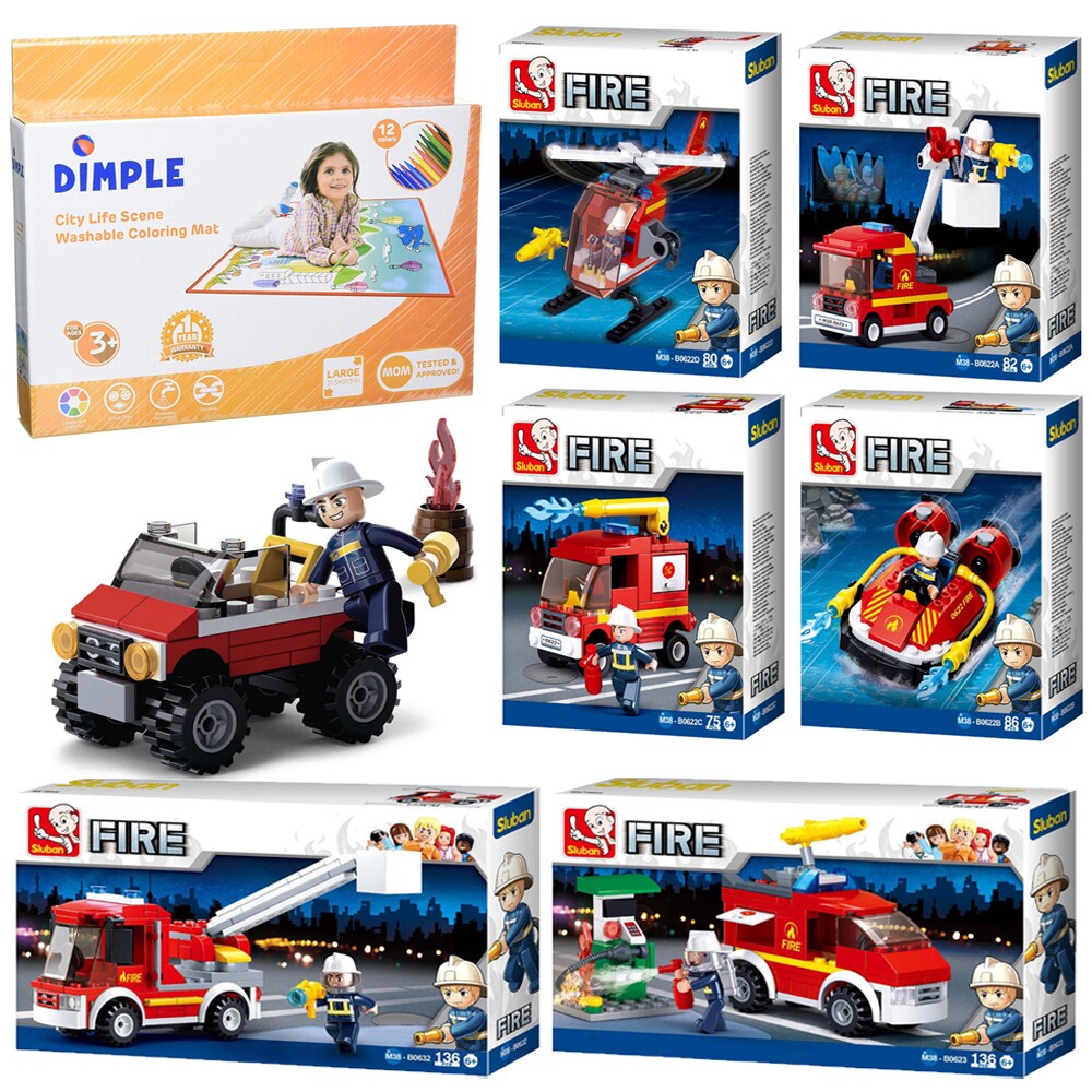 Slubankids Fire Truck Fire Jeep W/ Gas Station Building Blocks Set 653 Pcs And Dimple Small Washable Coloring Play Mat