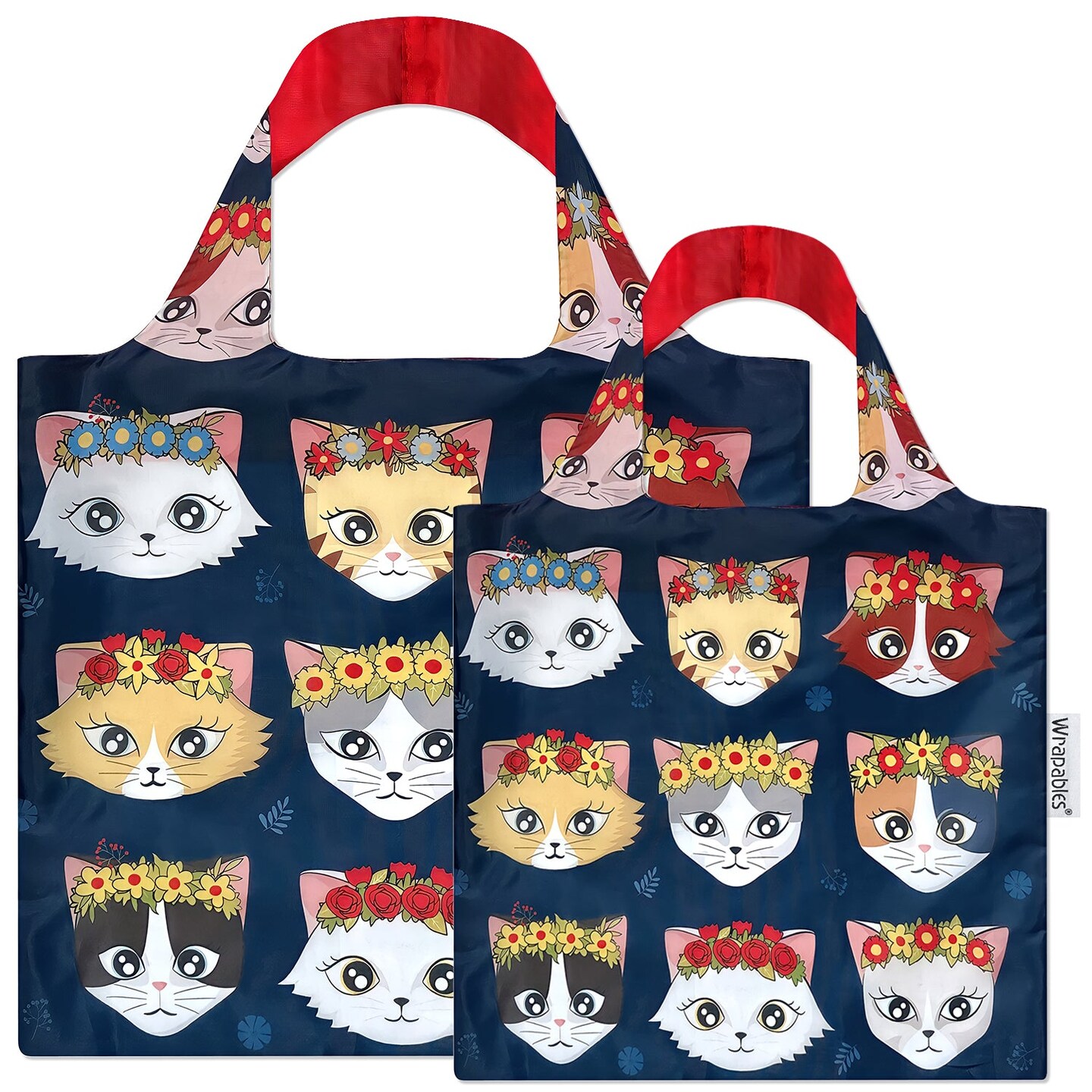 Wrapables Large & Small Foldable Tote Nylon Reusable Grocery Bags, Set of 2 Cool Felines