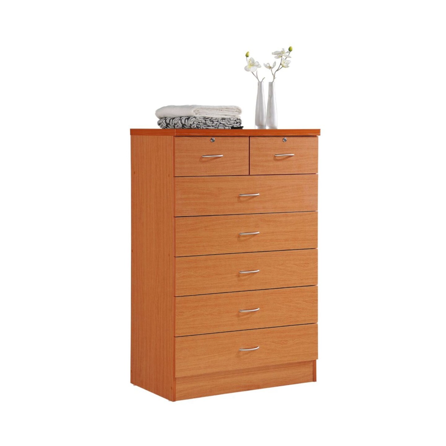 Contemporary Home Living 48" Cherry Red and Silver Rectangular 7-Drawer Chest with Locks