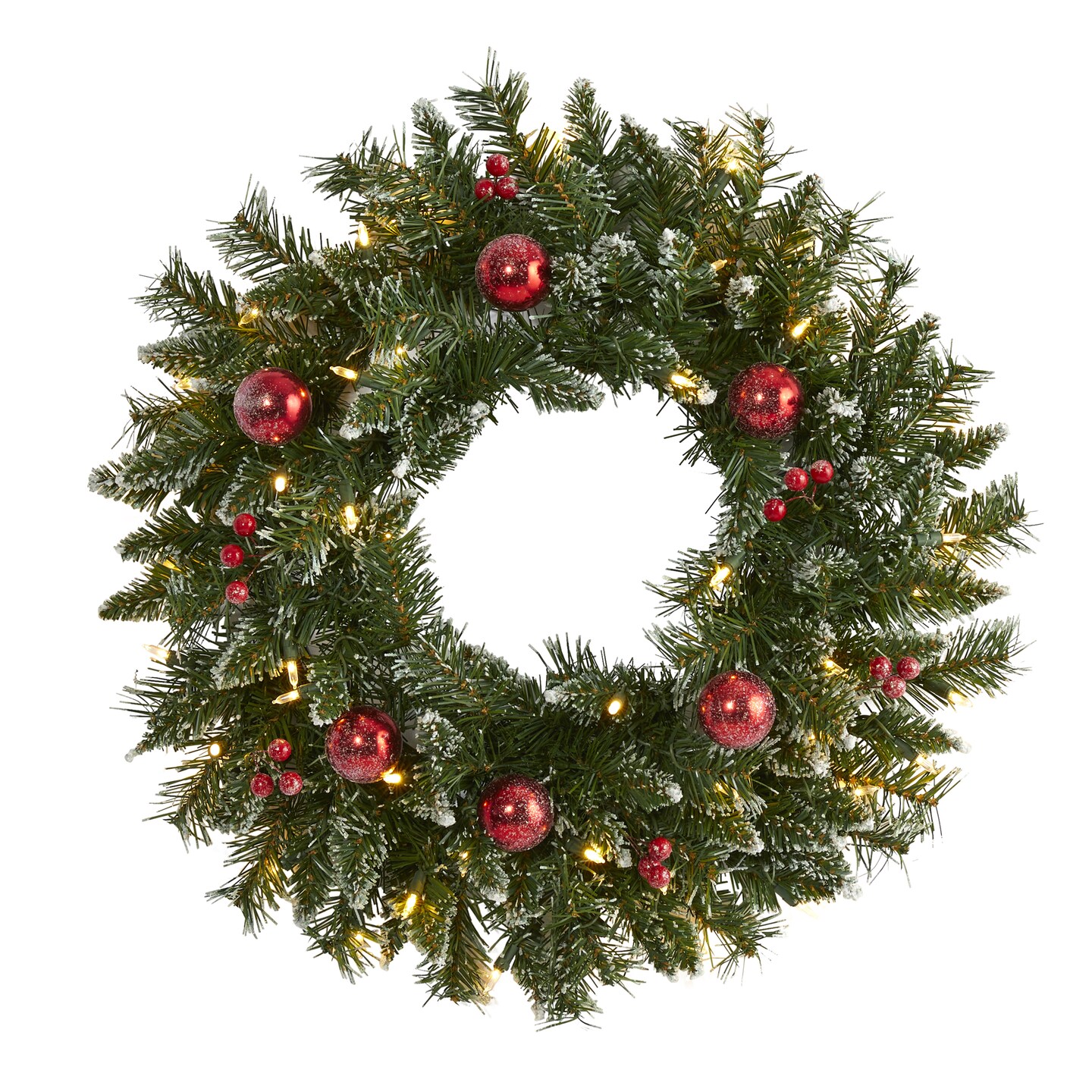 Nearly Natural Pre-Lit Frosted Artificial Christmas Wreath, 24