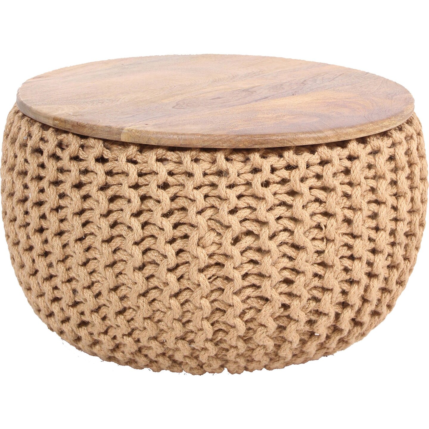 Signature Home Collection 20&#x22; Beige Knitted Round Pouf Ottoman with Mango Wood Top