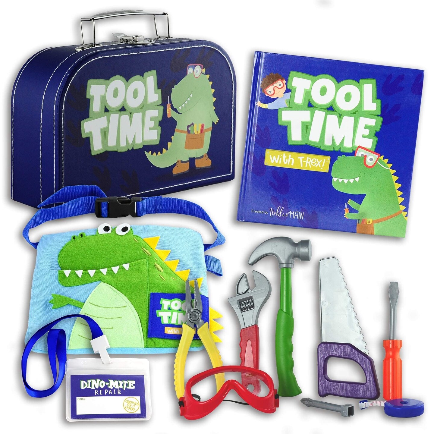 Tickle &#x26; Main Kids Tool Toys for Boys, 11 Pieces Construction Pretend Play for Toddlers, Story Book Gift Set with Tool Belt and Dino-Printed Bag, Perfect for Hands-On Learning and Skill-Building