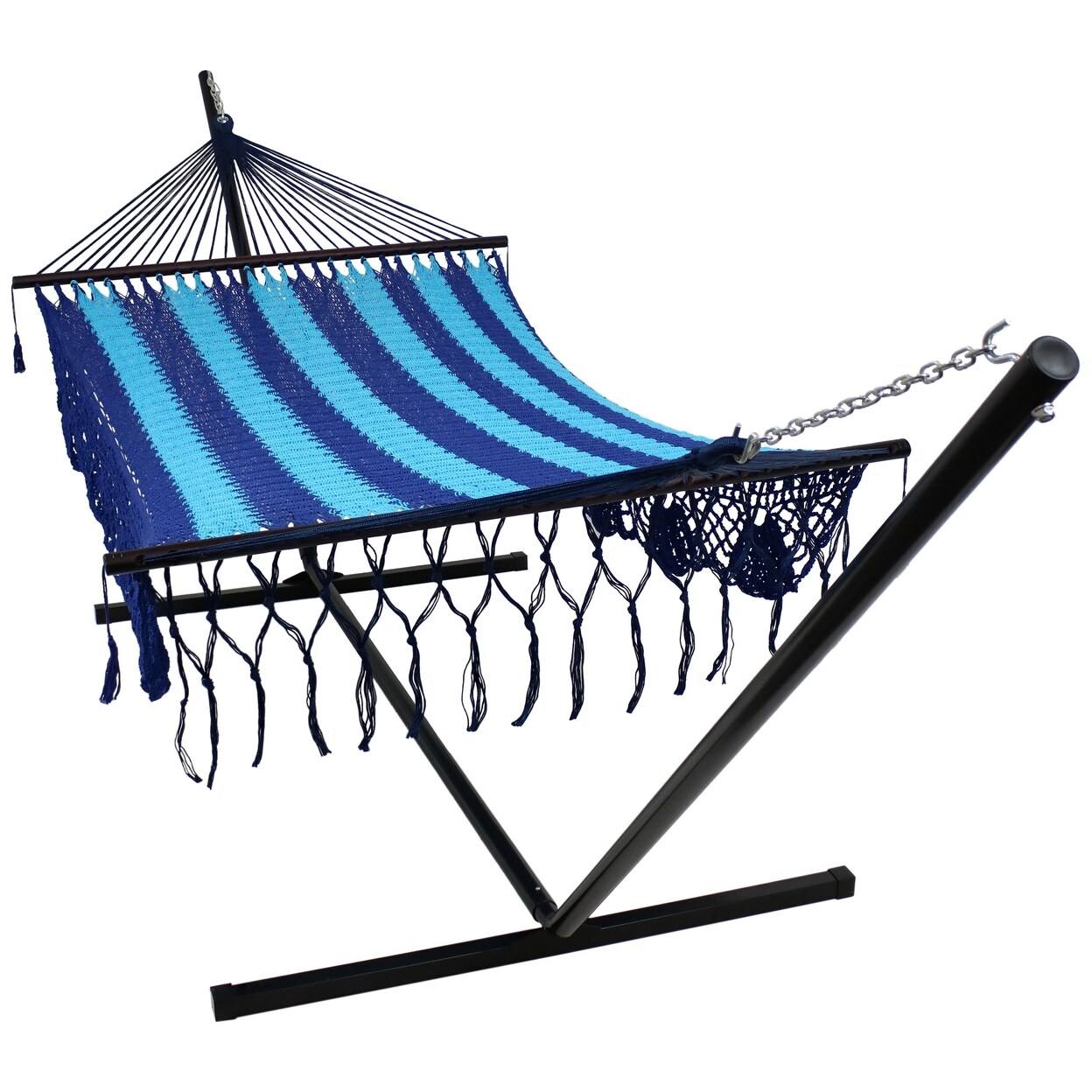 Sunnydaze 2-Person Cotton/Nylon Hammock With Steel Stand And Fringe - Blue