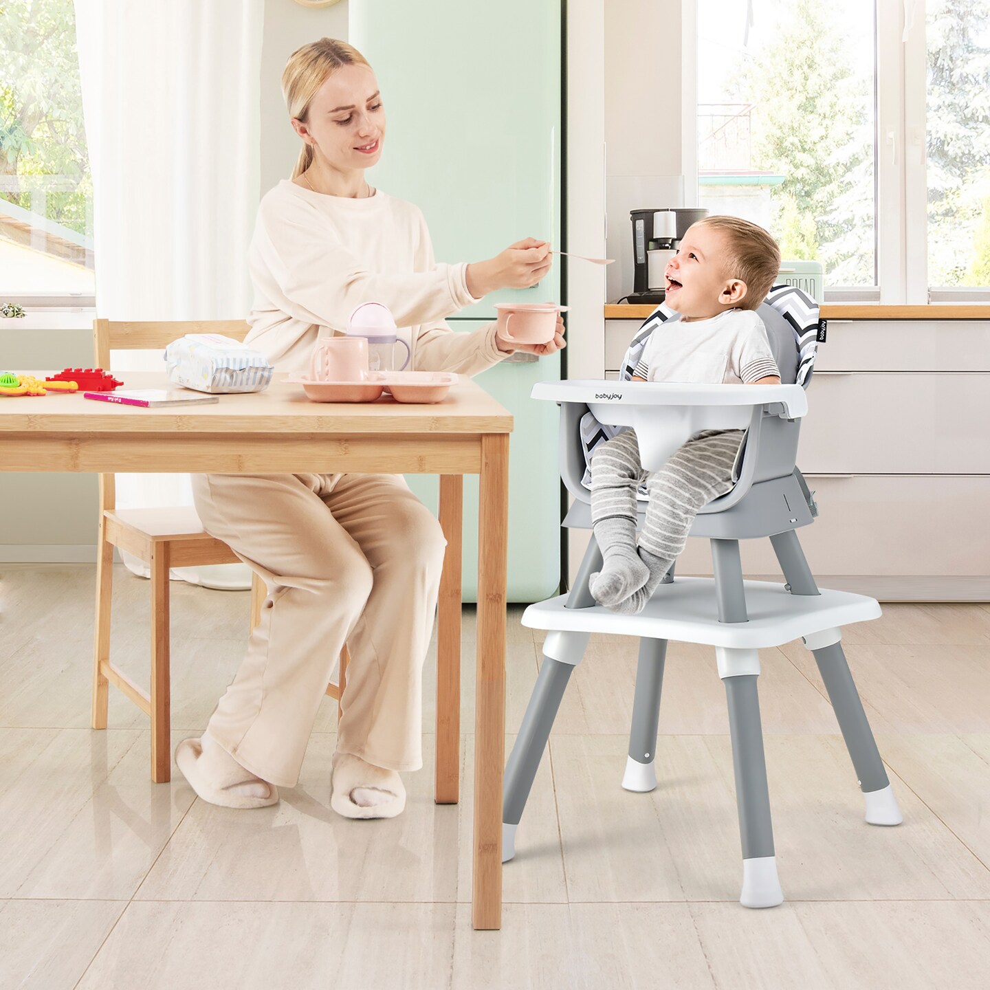 Costway 8-in-1 Baby High Chair Convertible Dining Booster Seat with Removable Tray Grey/Pink/Yellowith Strip/Black