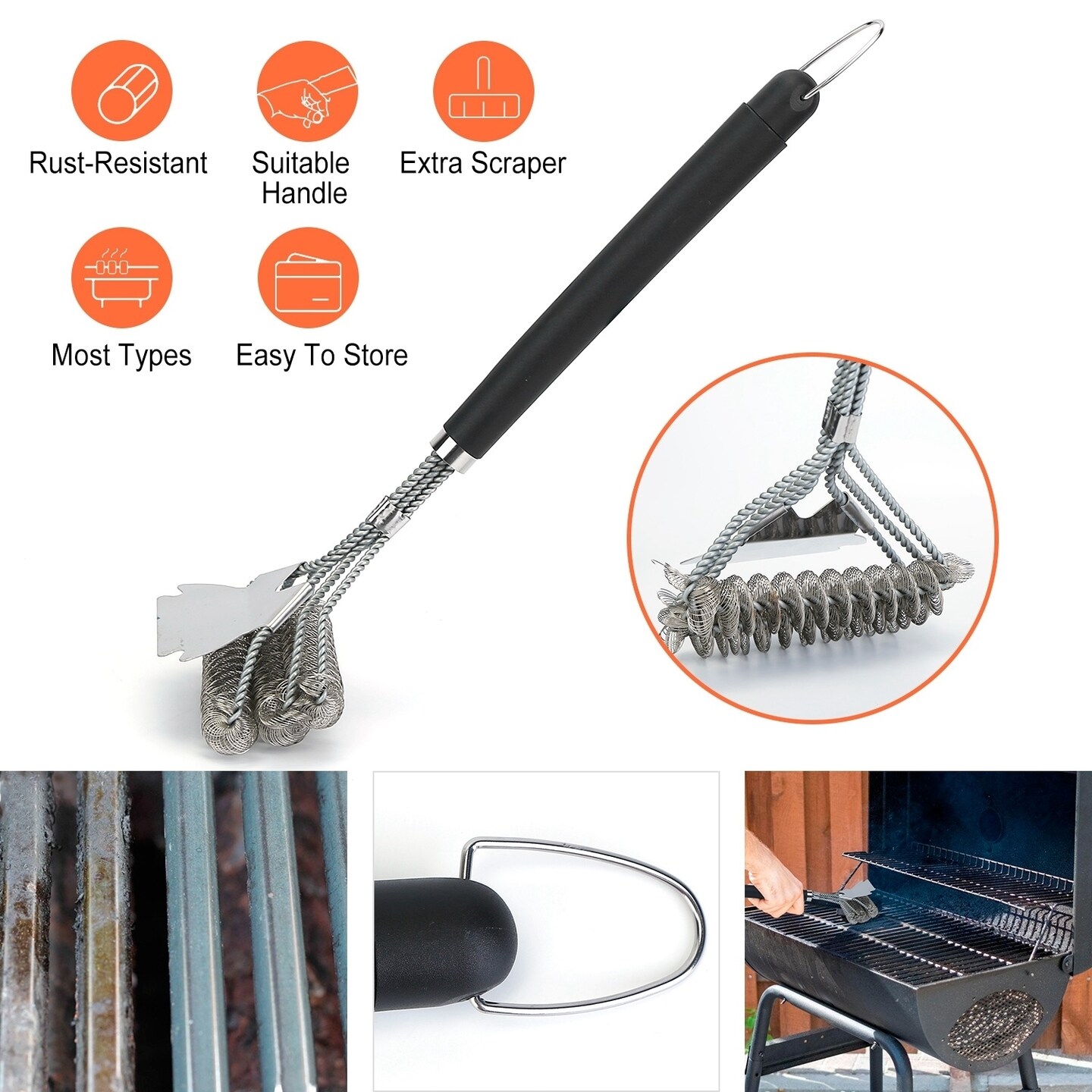 Stainless Steel Bbq Grill Cleaning Brush With Scraper 16.5In Handle Wire Bristles