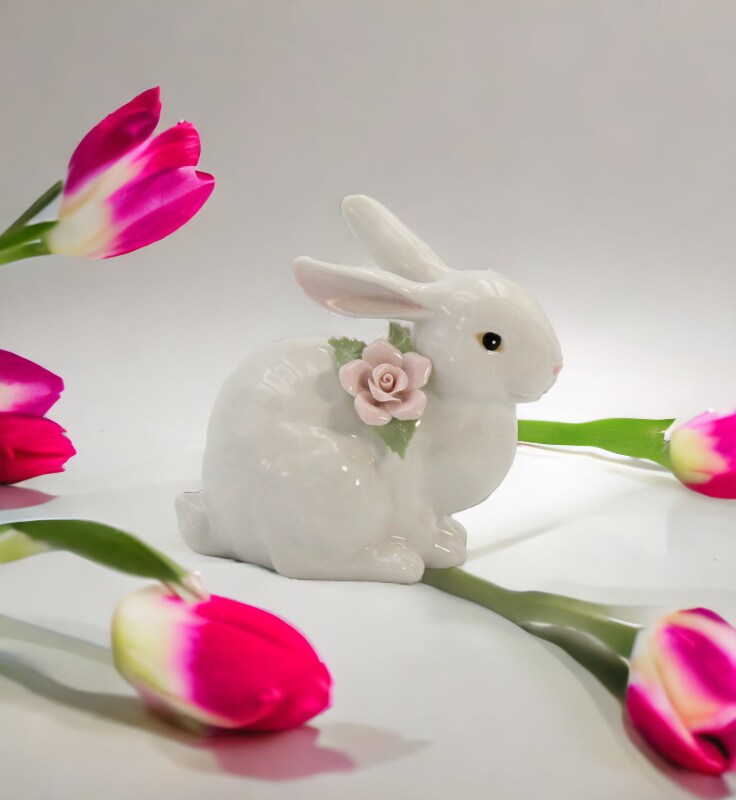 Springtime Bunnies: Easter Bunny Rabbit Crouching with Pink Rose Flower ...