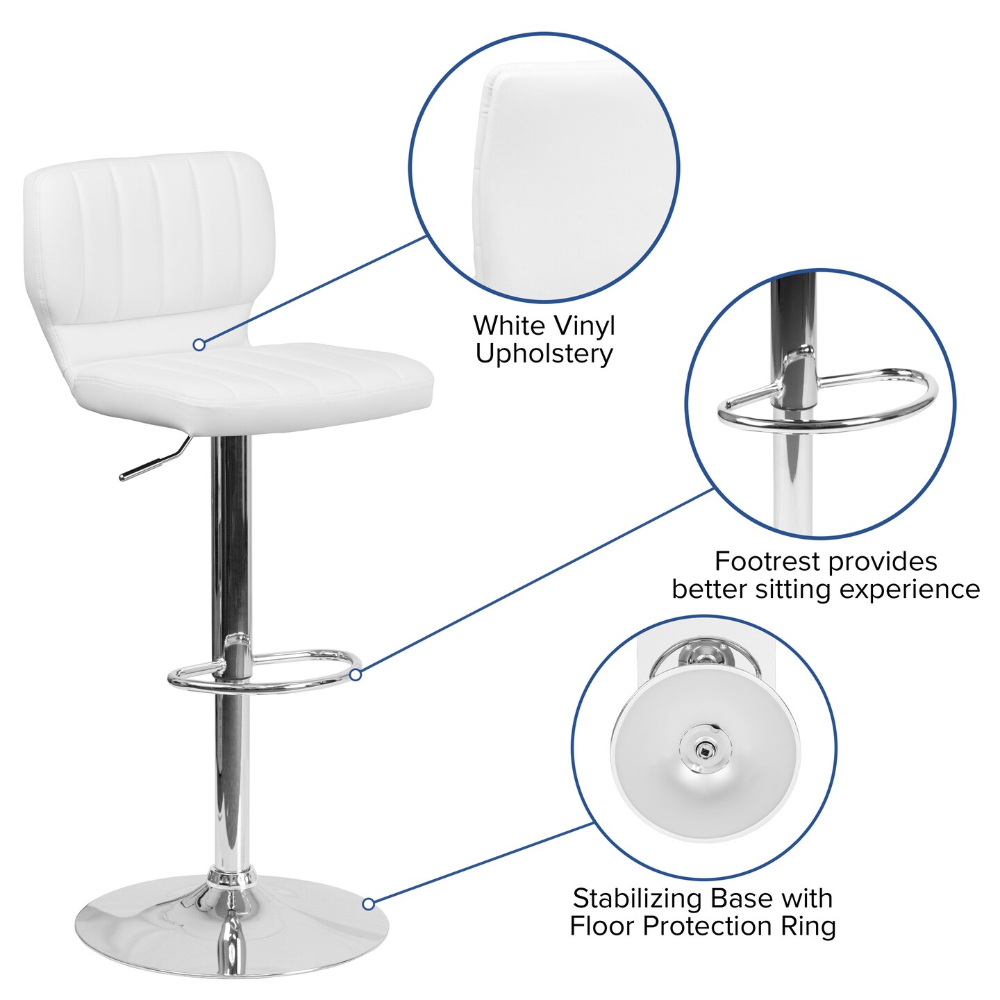 Merrick Lane Set of Two Swivel Bar Stools with Vertical Stitched Back and Adjustable Chrome Base with Footrest