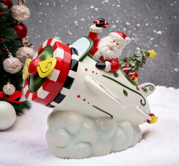 Ceramic Santa With Airplane Cookie Jar, Home D&#xE9;cor, Gift for Pilot, Gift for Her, Gift for Mom, Kitchen D&#xE9;cor, Christmas D&#xE9;cor