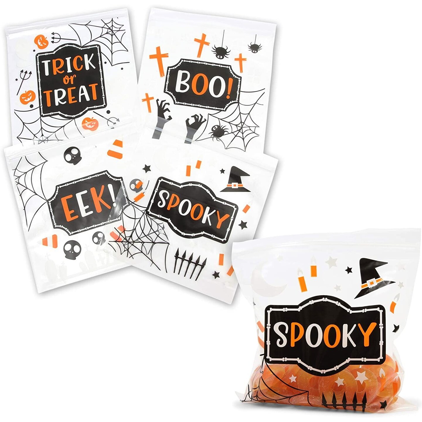 120 Piece Halloween Resealable Plasctic Goodie Bags, Party Supplies for Trick and Treats Candy (7.15 x 6.65 In)