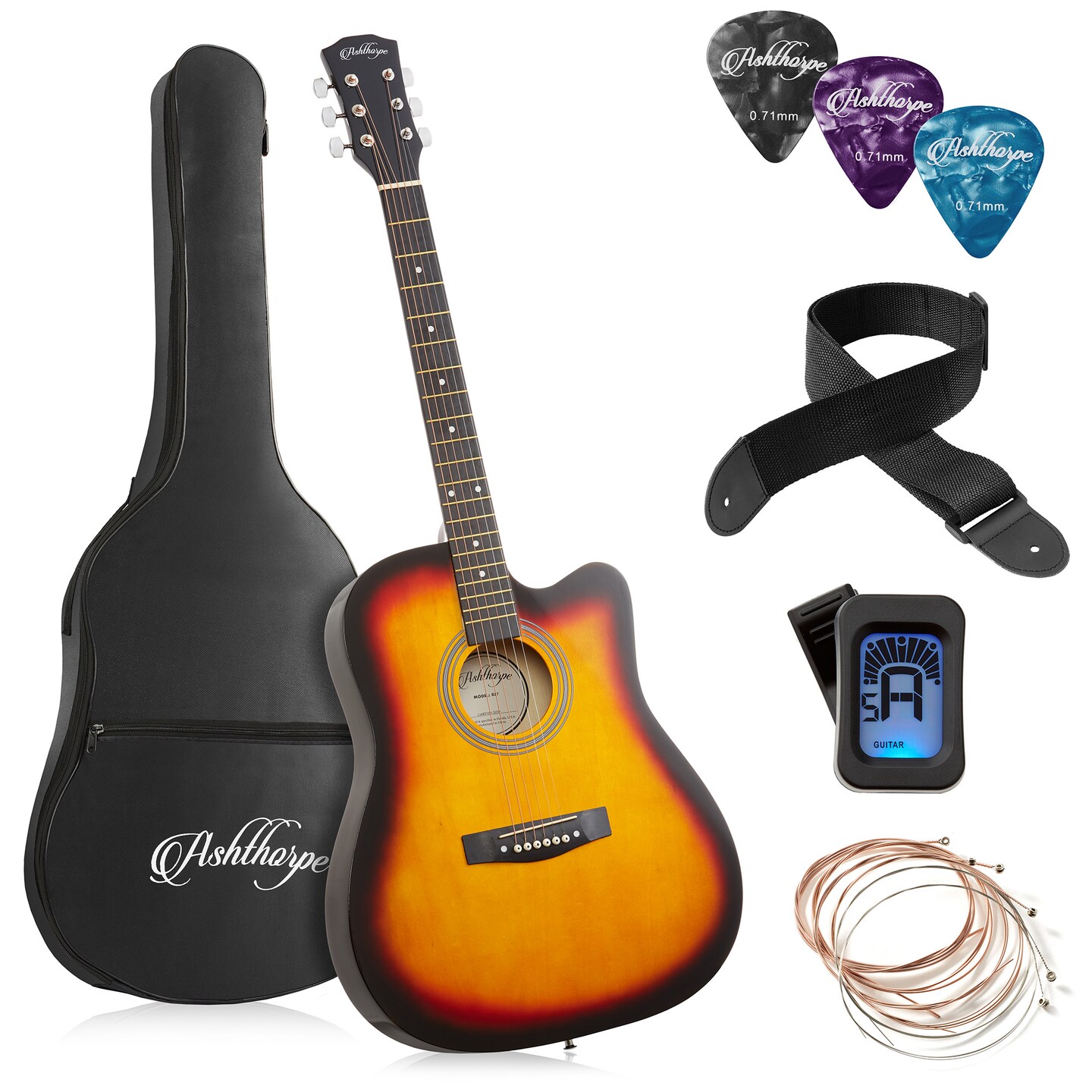 Ashthorpe 41-inch Beginner Cutaway Acoustic Guitar Package, Full Size Basic Starter Kit w/ Gig Bag, Strings, Strap, Tuner, Picks