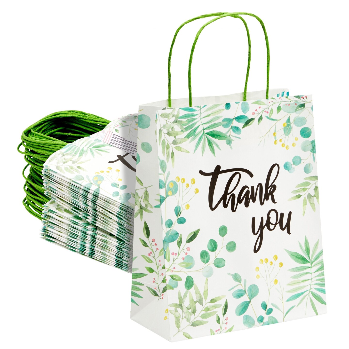 Thank You Gift Bags with Handles for Small Business, Boutique, Party Favors (White, Green, 10 x 8 x 4 In, 50 Pack)