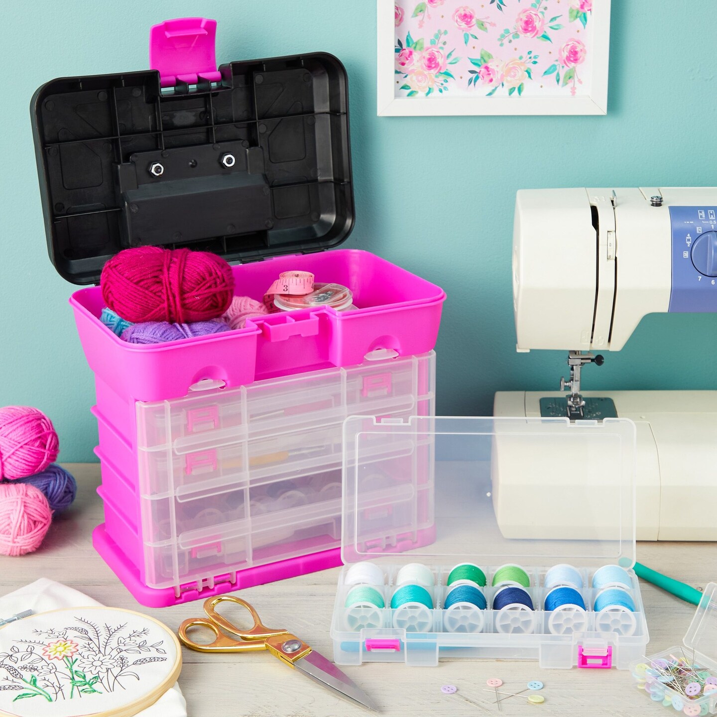 Pink Tackle Box for Women, 4 Drawer, 13 Compartment Tool Storage Organizer for Crafts, Dolls, Nail Kits, Sewing (10 x 10 Inches)