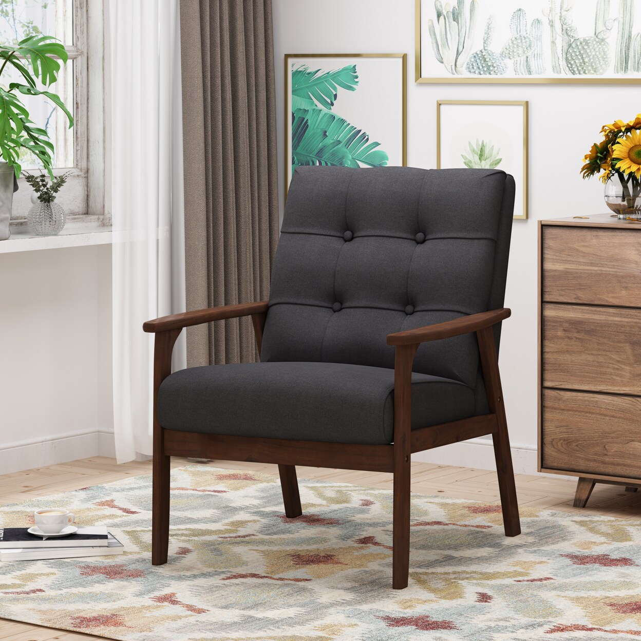 GDF Studio Norfolk Mid Century Waffle Stitch Tufted Accent Arm Chair with Rubberwood Legs