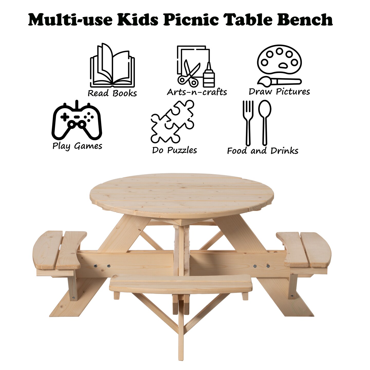 Wooden Kids Round Picnic Table Bench, Outdoor Children&#x27;s Backyard Table, Crafting, Dining, and Playtime Patio Table