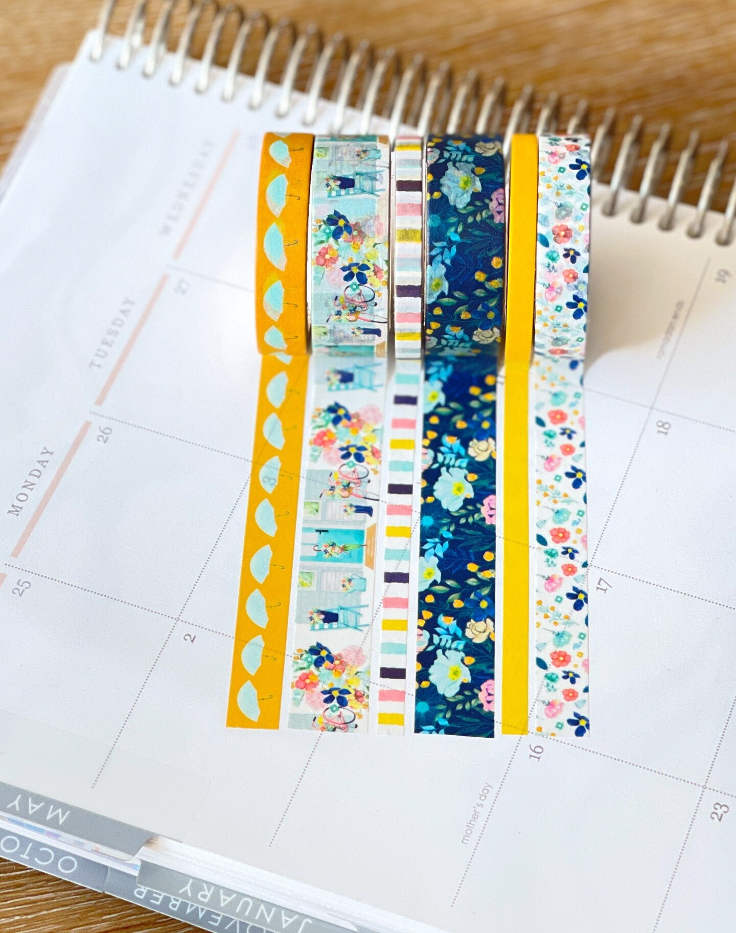 Spring Floral Yellow &#x26; Navy Blue Rain &#x26; Umbrellas Flowers Washi Tape Set (#W021)