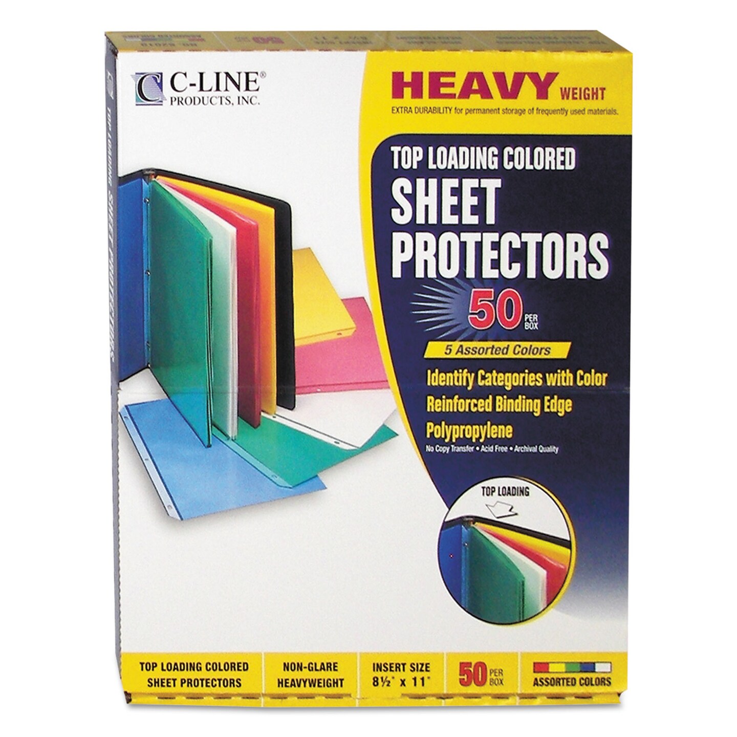C-Line Colored Polypropylene Sheet Protectors Assorted Colors 2 11 x 8 1/2 50/BX