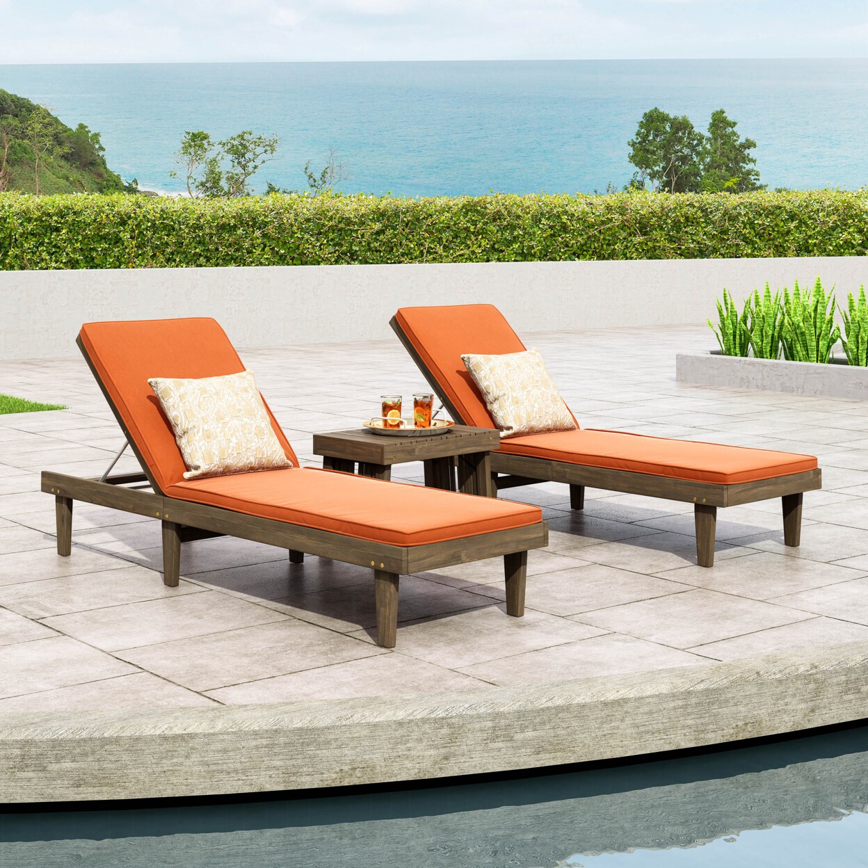 GDFStudio Addisyn Outdoor Acacia Wood 3 Piece Chaise Lounge Set with Water-Resistant Cushions