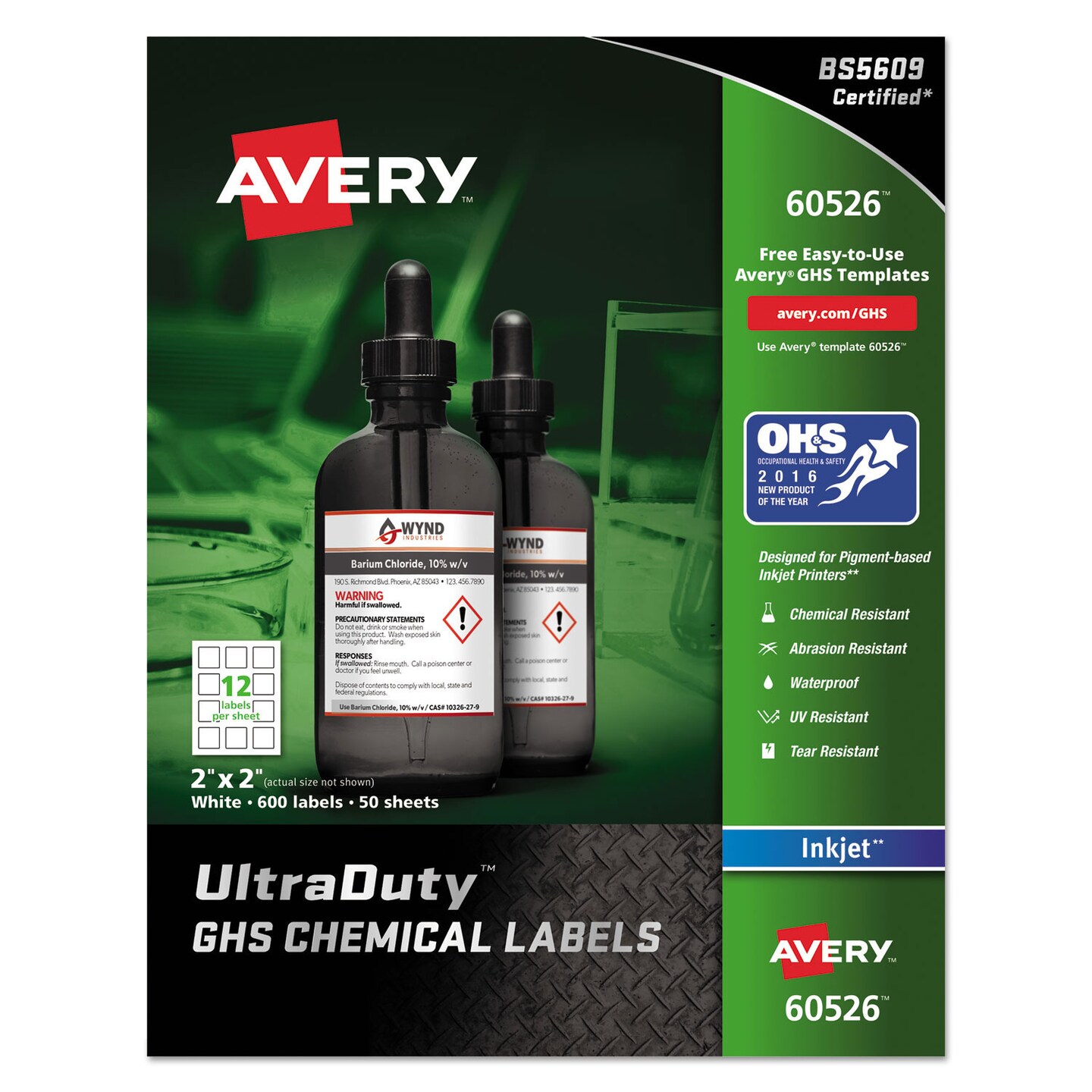 Avery UltraDuty GHS Chemical Waterproof and UV Resistant Labels 2 x 2 White 12/Sheet 50 Sheets/Pack