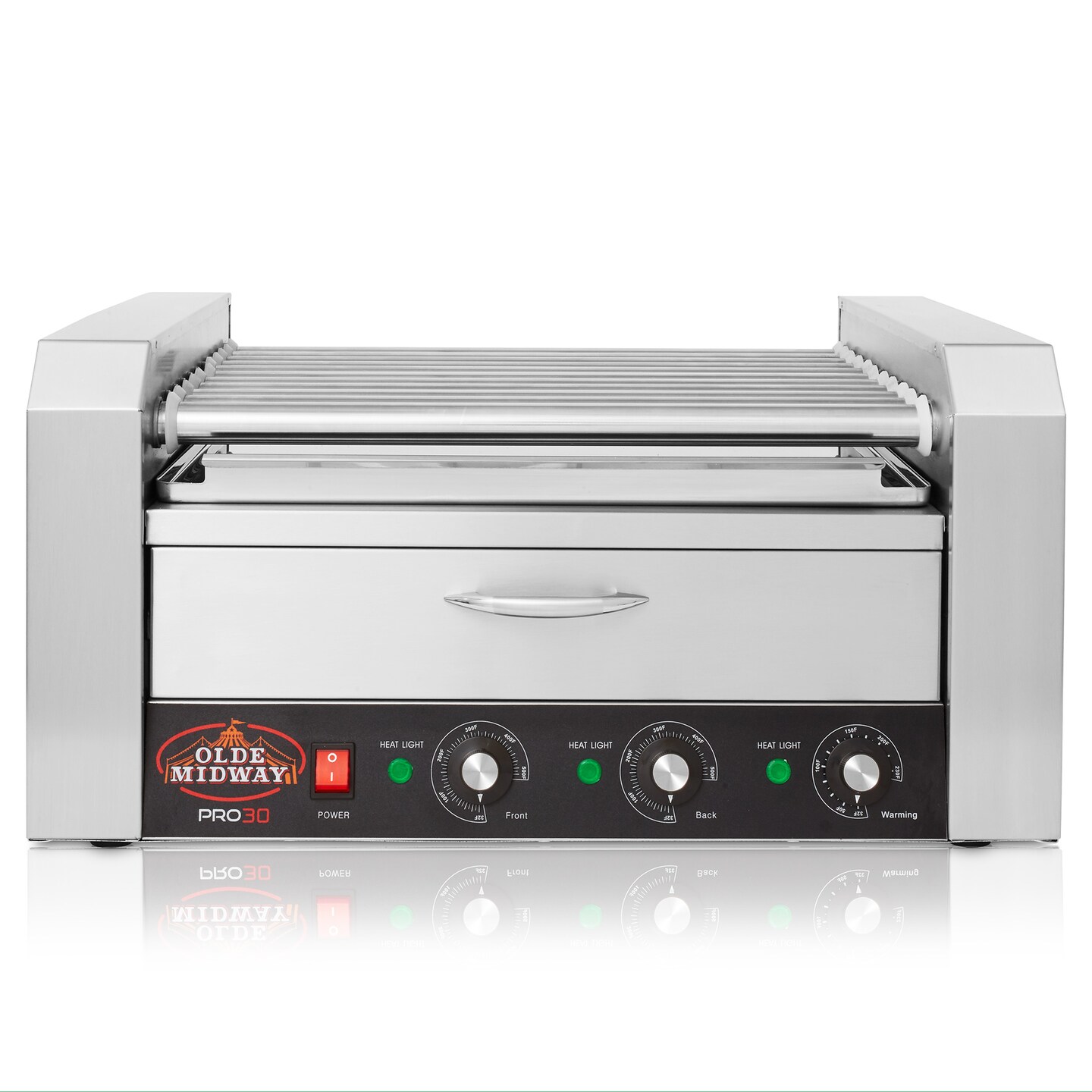 Olde Midway Electric Hot Dog Roller Grill Cooker Machines with Bun Warming Drawer - Commercial Grade