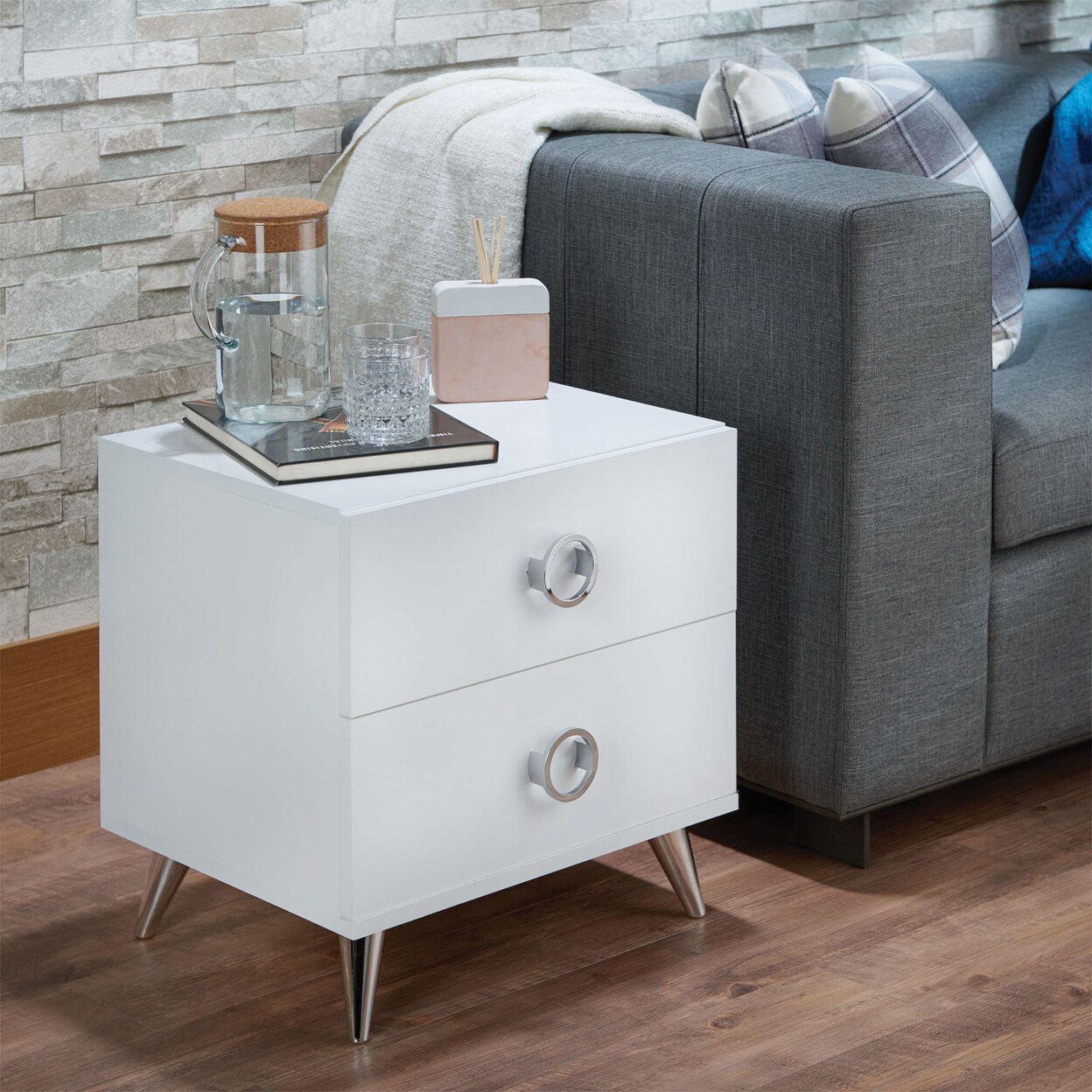 Nightstand with 2 Drawers, Modern End Table with Metal Legs Wood